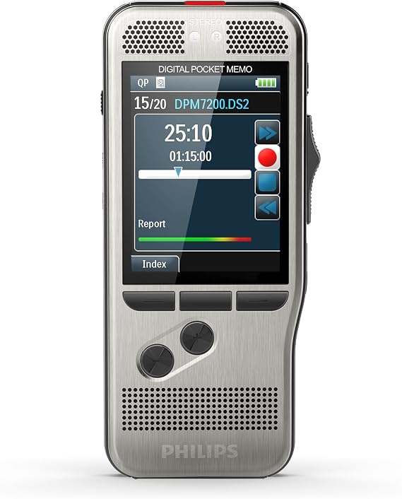 Philips DPM7000 Digital Voice Recorder with Slide Switch 2 Microphones for Stereo Sound Recordings Colour Display Stainless Steel Housing Includes SpeechExec 10 Voice Recorder