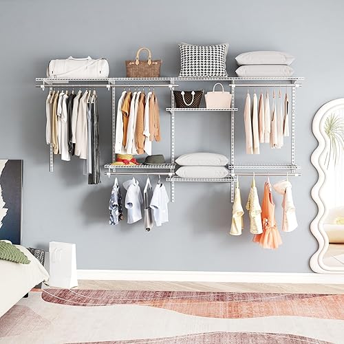 Miniatura 8 de Giantex Sistema organizador de armario, kit de armario personalizado para montaje en pared con estantes de almacenamiento ajustables, perchero de