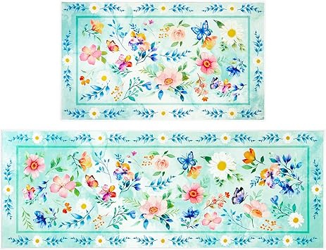 WERNNSAI Spring Kitchen Decor Rugs Set- 2 Piece Kitchen Mats Non-Slip Kitchen Backing Area Rugs Sweet Home Doormat Washable Waterproof Standing Mat for Indoor Outdoor Entry Floor ?Flower A?