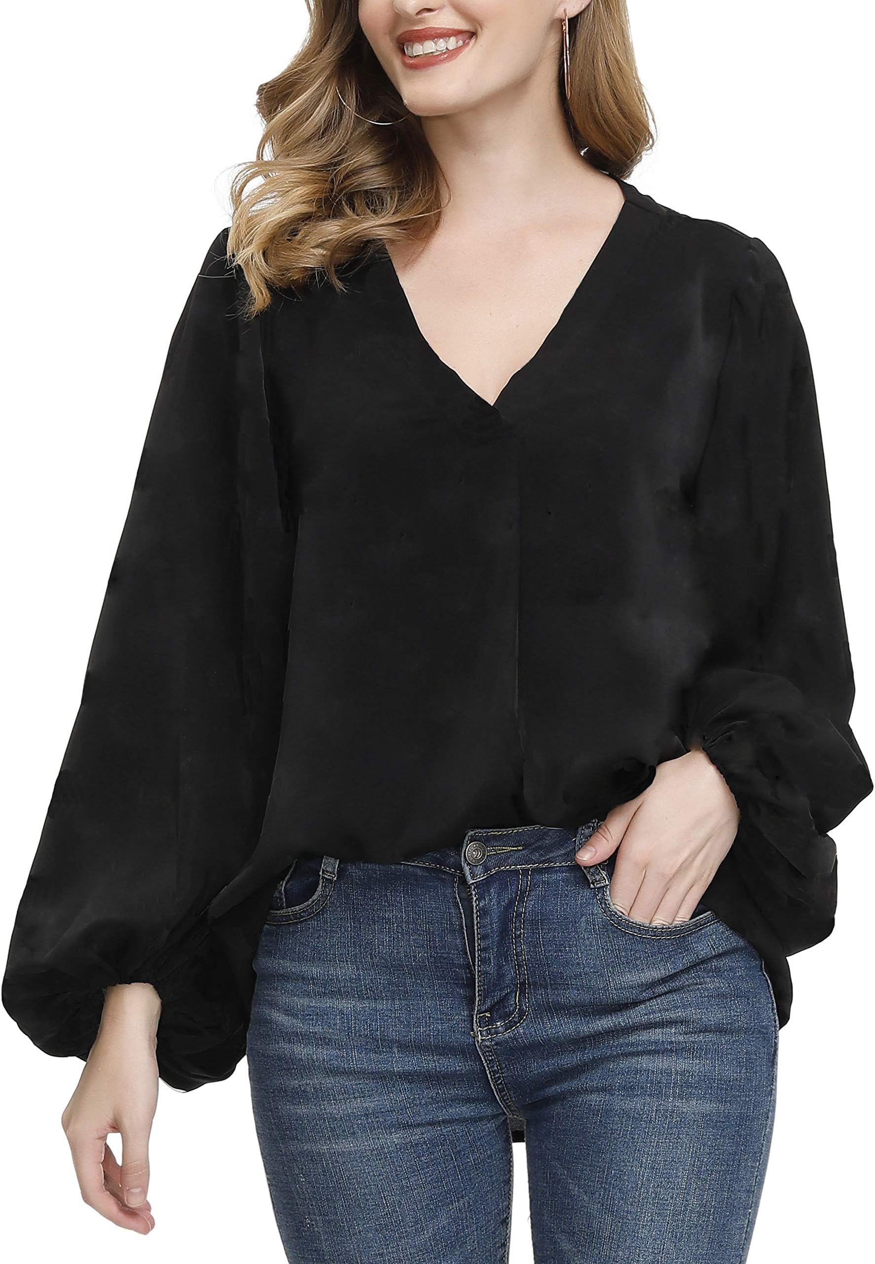 BUENOS NINOSWomen's Dressy Tops Balloon Long Sleeve Blouse V Neck Casual Floral Loose Shirts
