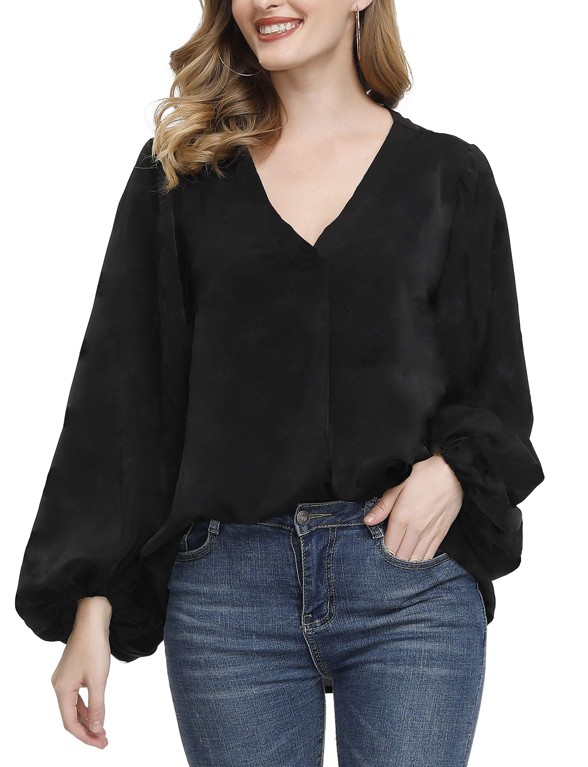 BUENOS NINOSWomen's Dressy Tops Balloon Long Sleeve Blouse V Neck Casual Floral Loose Shirts