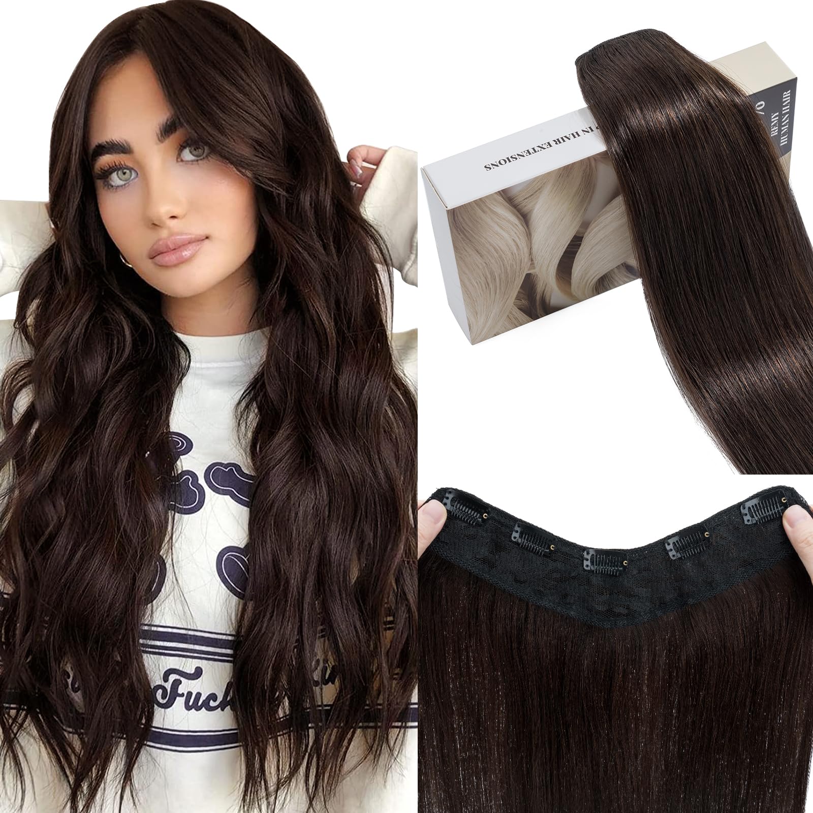 Estensioni Clip In 100% Remy capelli umani per le donne marrone scuro liscio spesso V-forma un pezzo con 5 clip, 45cm 70g