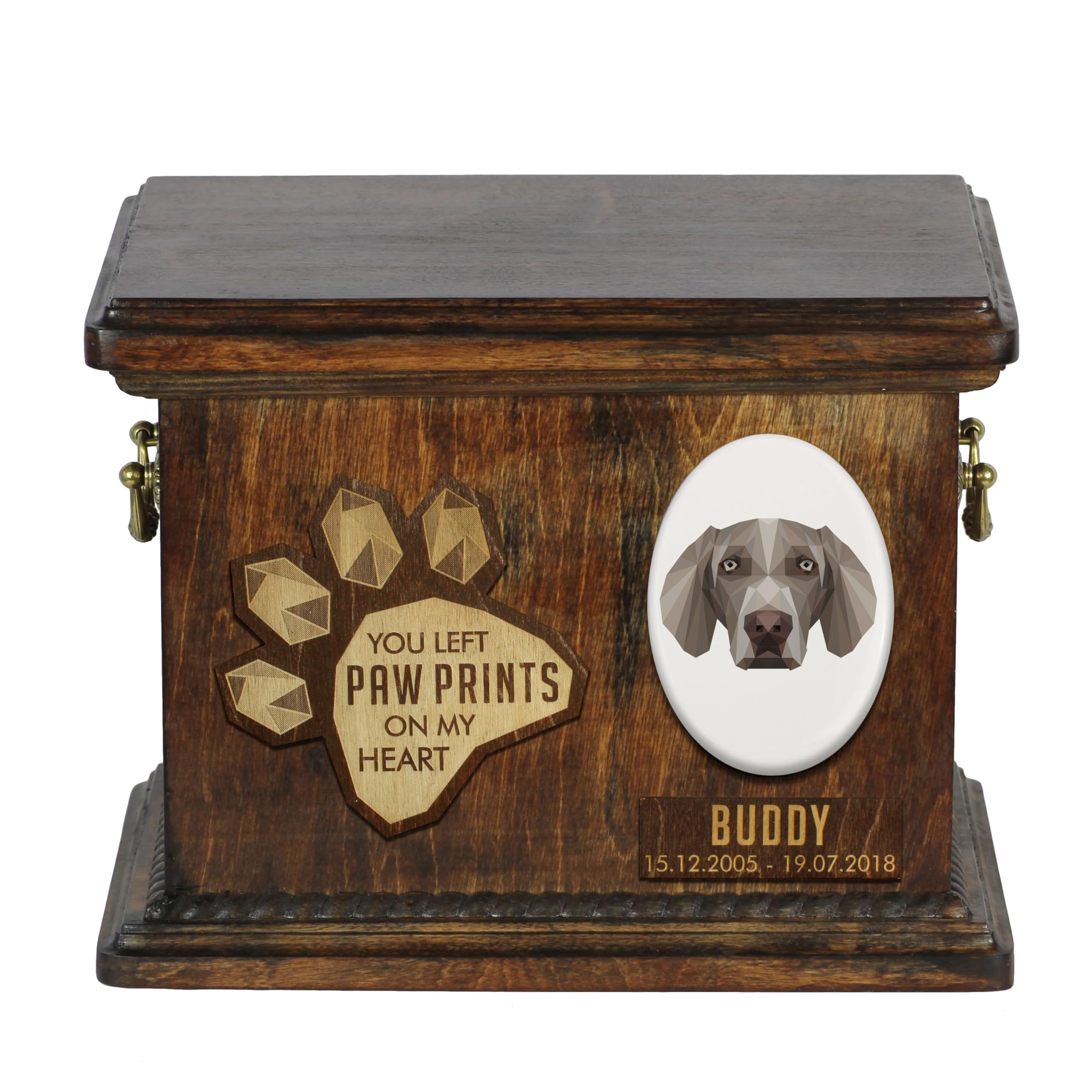 Urne pour cendres de chien en bois fait main et plaque Braque de Weimar