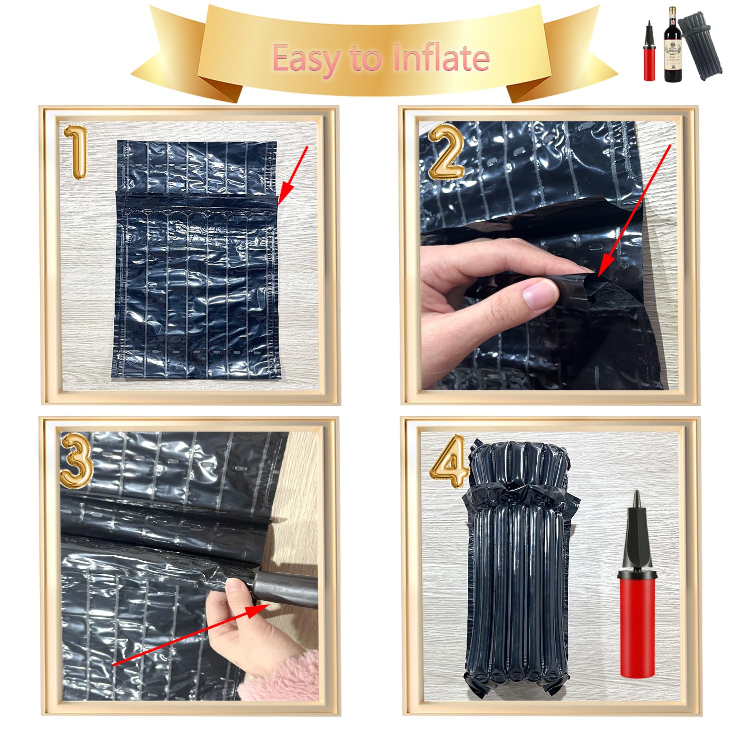 Lot de 50 sacs de protection de voyage pour bouteille de vin avec pompe de gonflage gratuite Noir
