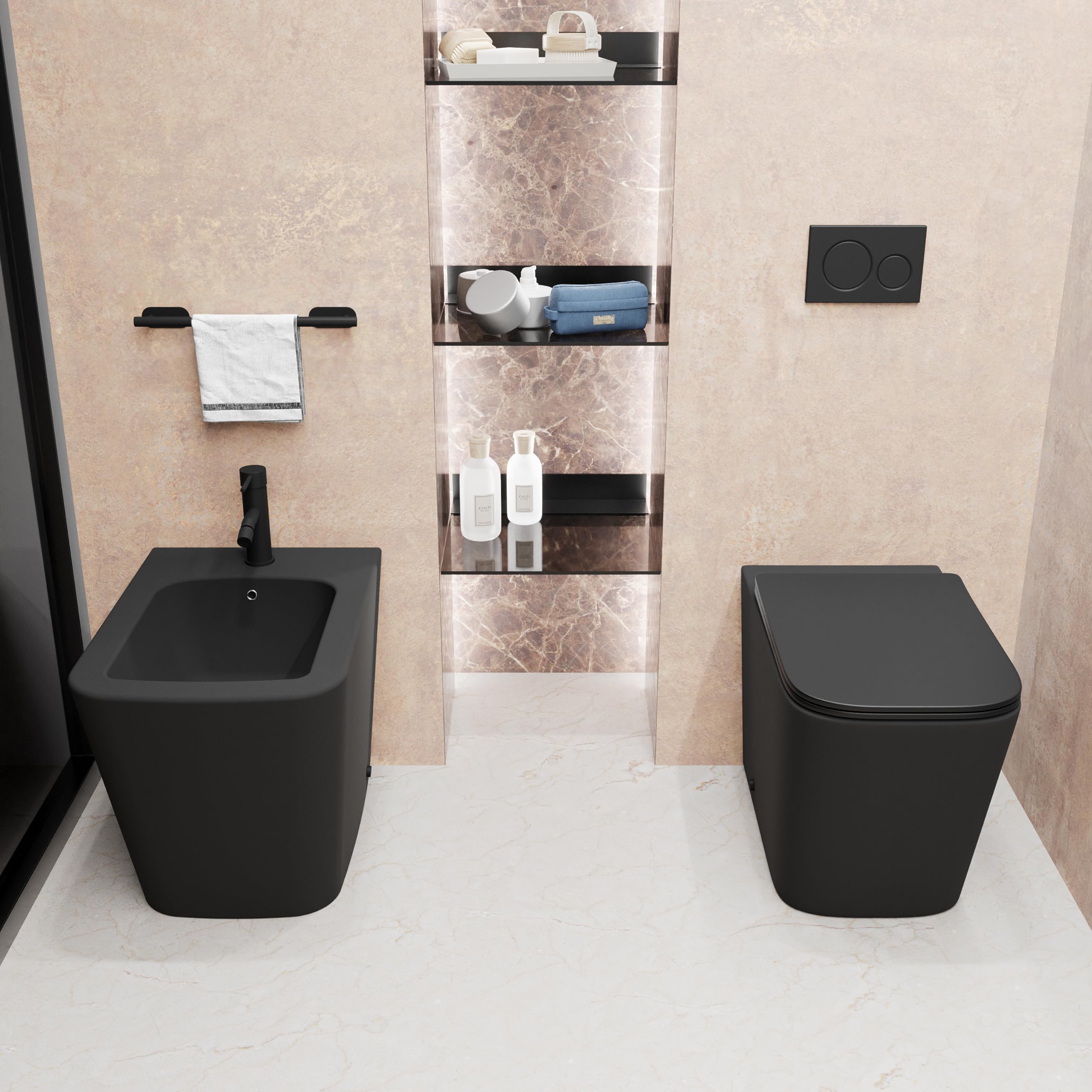 Sanitaires en céramique filomure noir mat cuve sans bordure bidet siège soft-close fermeture lente modèle Londra