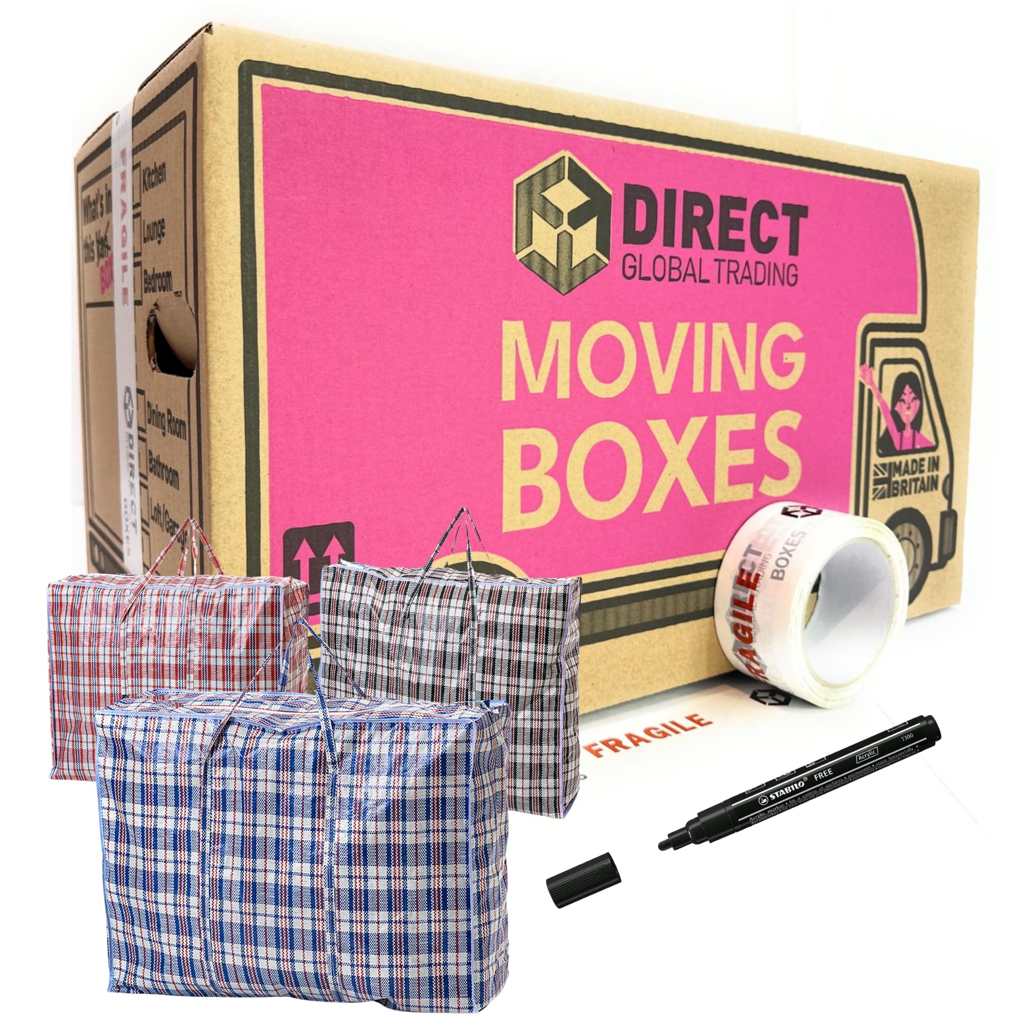 Pack of 20 Large Strong Moving House Cardboard Boxes & 3 Extra Large Clothes Laundry Bags with Fragile Tape & Marker Pen