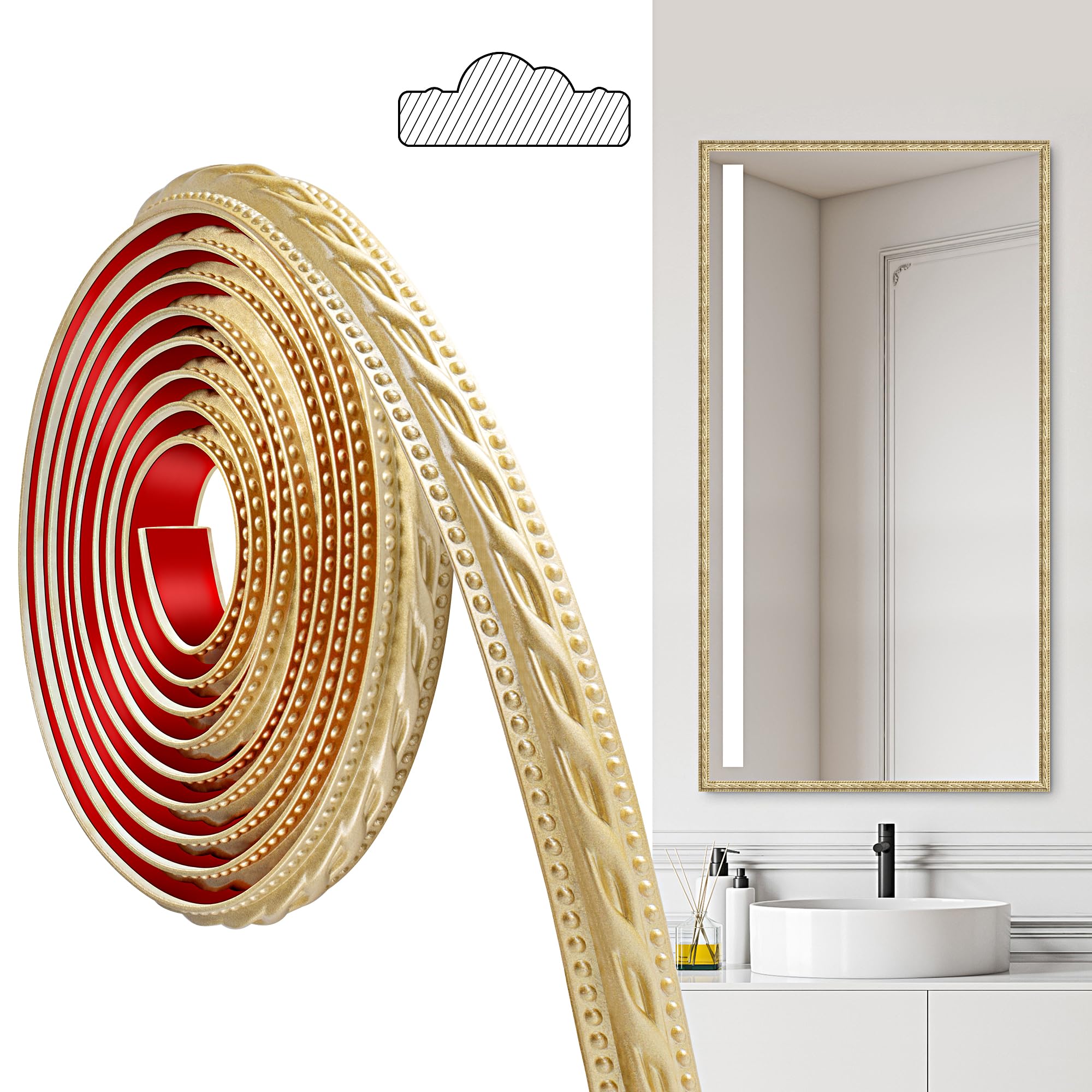 JUNART PVC Moldings Trim, 300cm×2cm, Peel and Stick Self-Adhesive, Coving for Ceilings, Wall Moldings for Wall Edge, Mirror Frames, Ceiling, Skirting Boards, Cabinet(Champagne Gold)