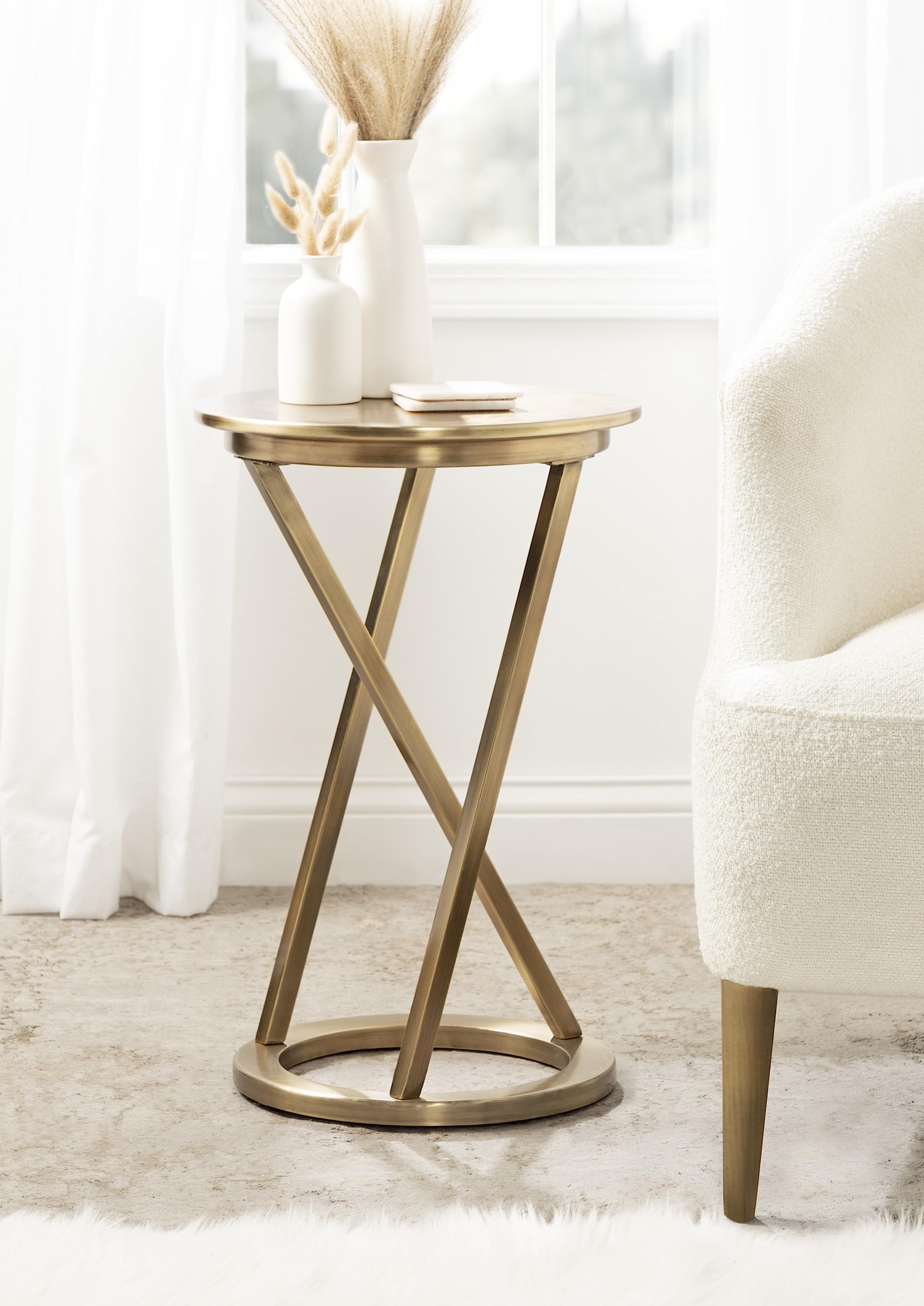 Kate and Laurel Aja Modern Metal Round Side Table; 15 x 15 x 23; Antique Brass; Decorative Geometric Nightstand with Circular Tabletop and Unique Slanted Legs