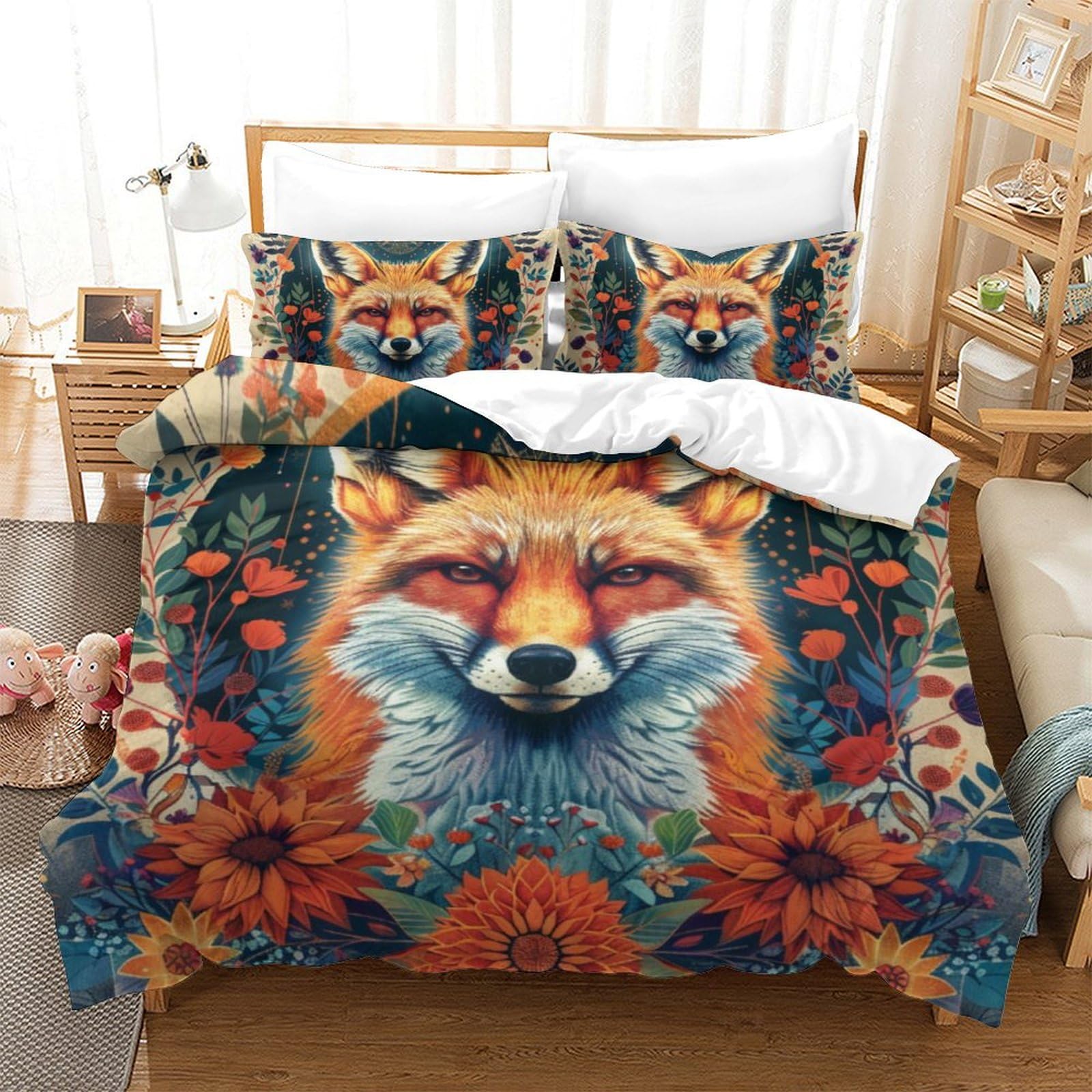Housse de couette renard anti-plis en microfibre douce avec fermeture eclair