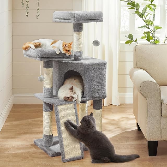 FEANDREA Cat Tree, 45.3-Inch Tower With Scratching Posts, Ramp, 2 Plush Perches, Cave, for Small Spaces, Apartment, Light Gray UPCT141W01 | 45.3-Inch Cat Tower, Plush Condo with Scratching Post, Ramp, Perch, Spacious Cave, Light Gray