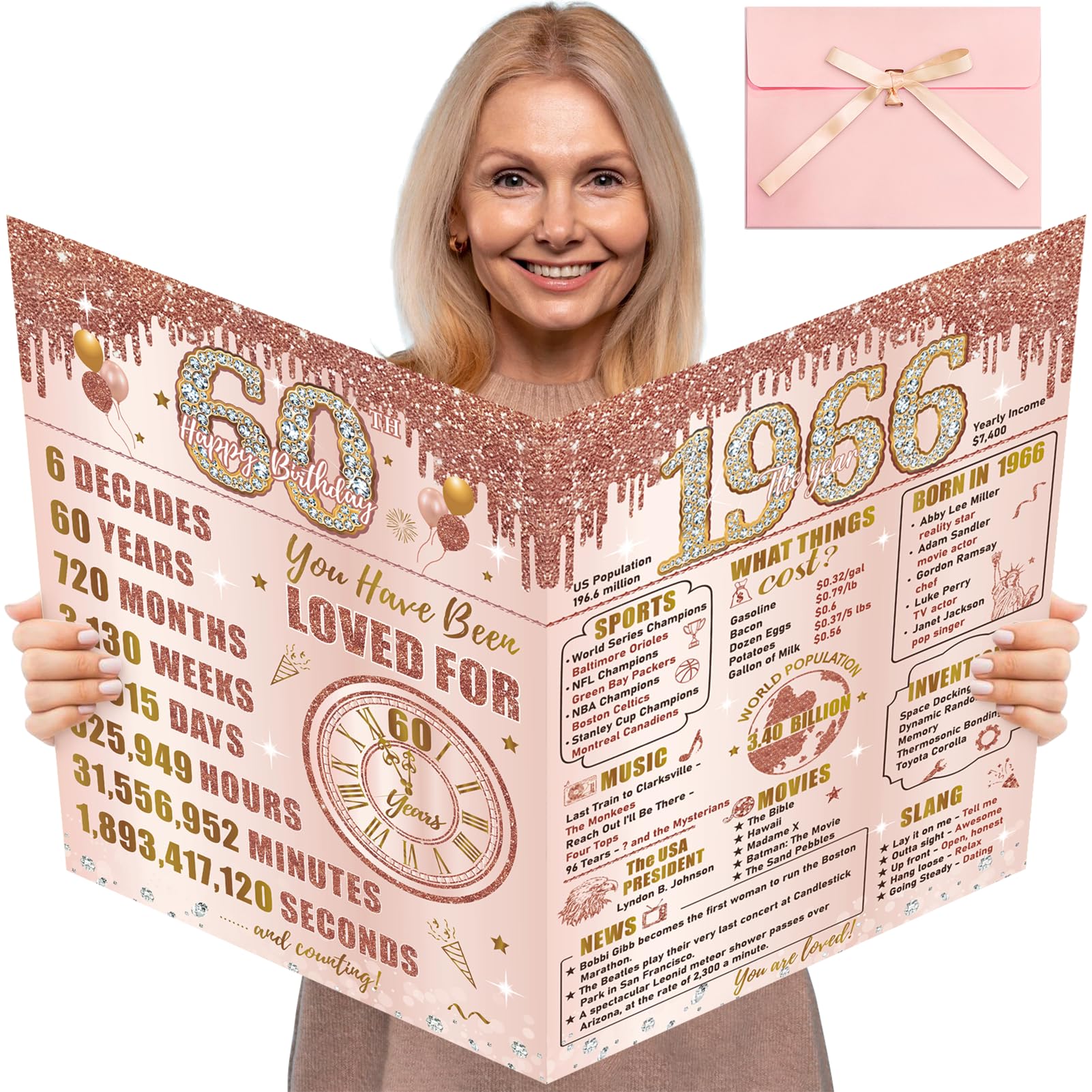 Turypaty Large 60th Birthday Card With Envelope for Women, Pink Rose Gold The Year 1966 Happy 60th Birthday Giant Guest Signature Book Gift, Extra Big