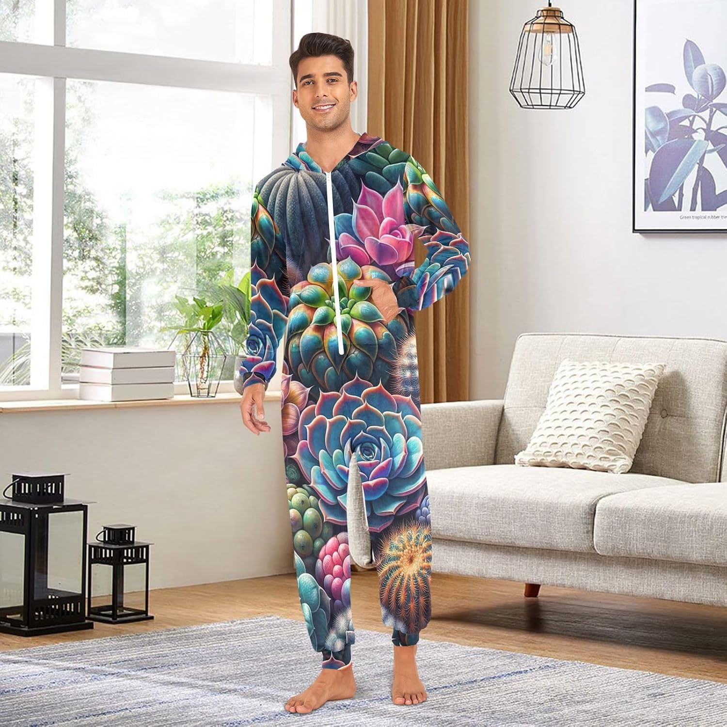 GAIREG Colorful Succulents Vibrant Adult Onesie Pajamas, Soft Hooded One Piece Sleepwear for Men Women