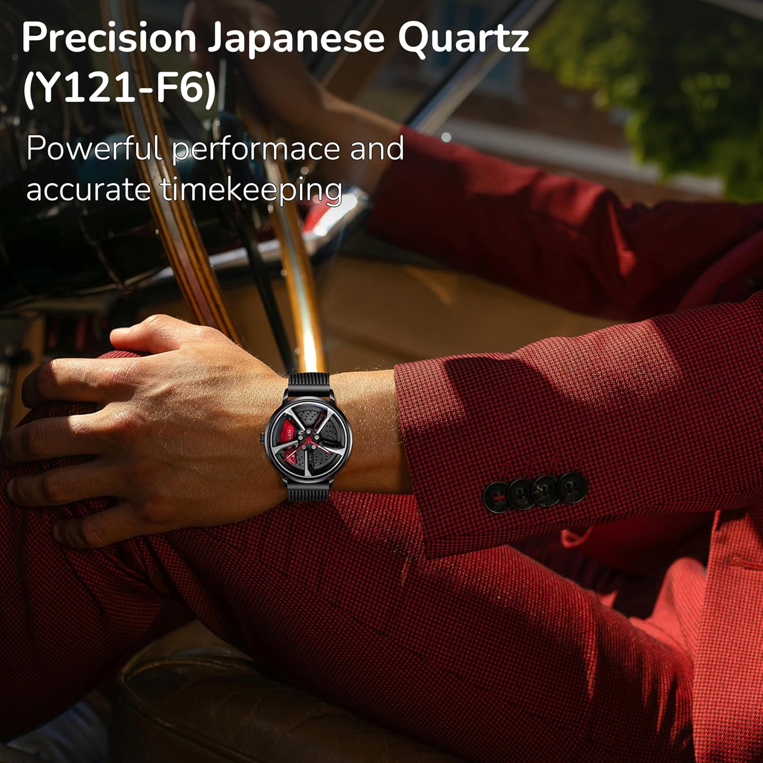 Car Wheel Watches for Men, Cool & Stylish Racing Style Dial Car Rim Watch, 30M/3ATM Waterproof Men's Skeleton Analog Watch with Japanese Quartz & Luminous Function, Casual Luxury Sport Wristwatch - 42.5mm