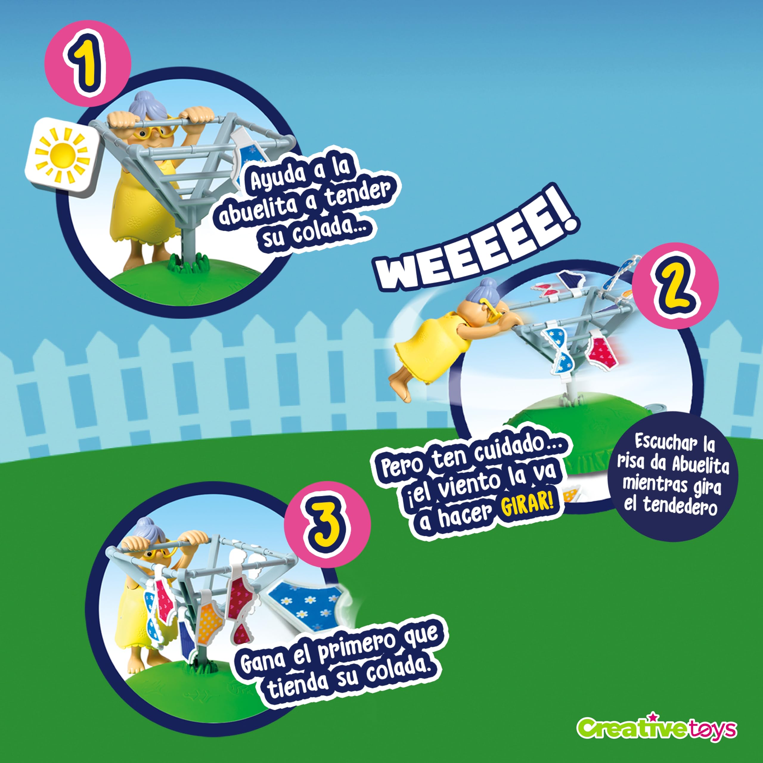 Creative Toys Abuelita Voladora Juego de Mesa Familiar | Set de Habilidad y Reflejos con Tendedero Giratorio | Actividad Creativa con Dado para Fiestas en Casa | 2 a 4 Jugadores