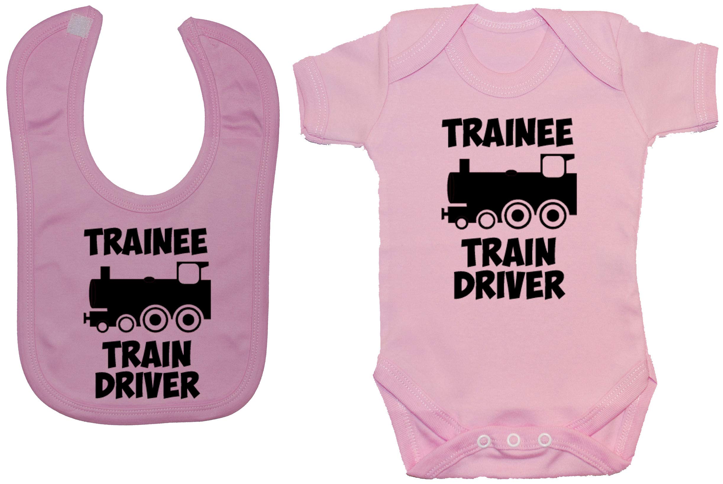 Acce Products Trainee Train Driver Baby Bodysuit/Romper & Feeding Bib - 6-12 Months - Pink