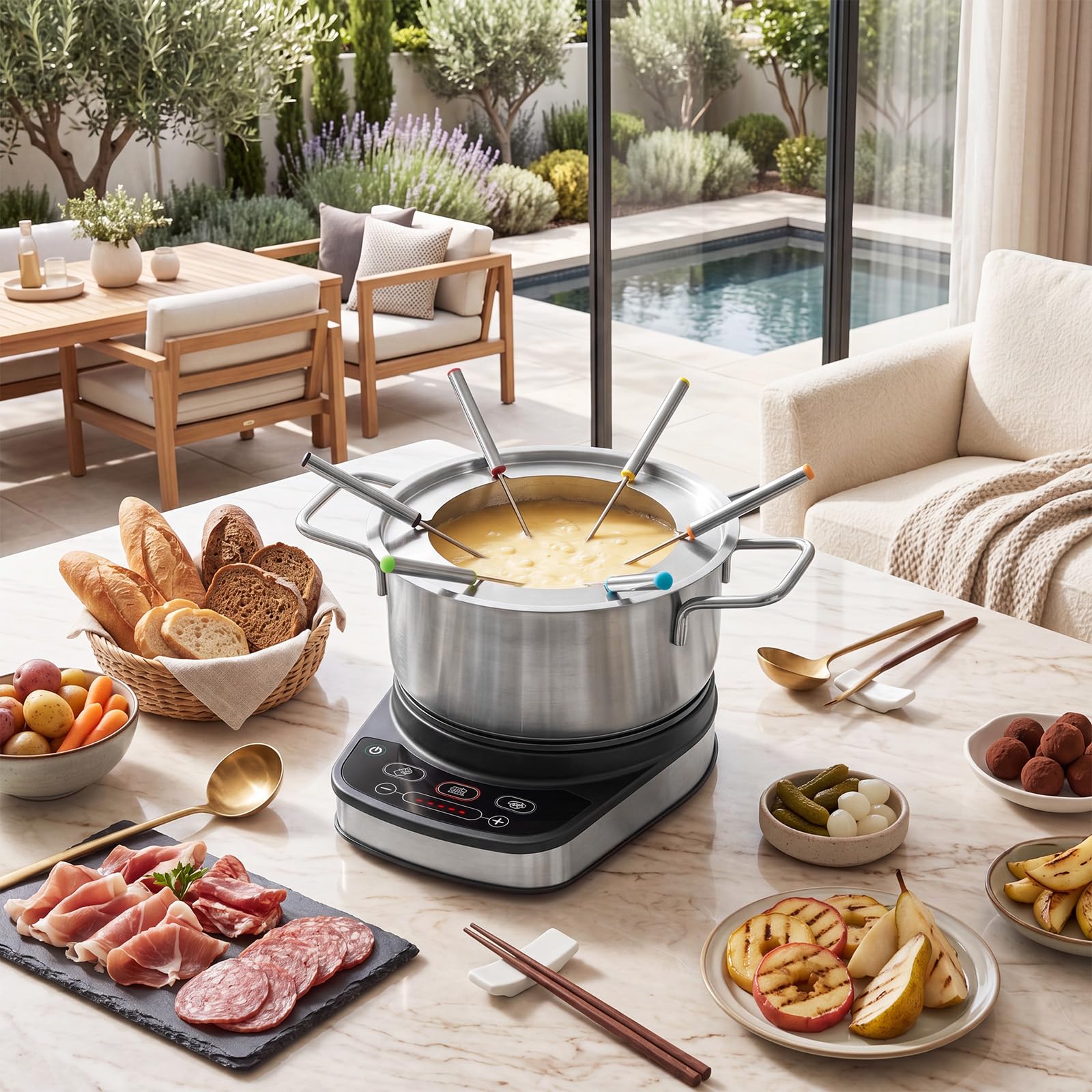 LIFEZEAL - Juego de fondue de 3 l para 6 personas, aparato de fondue eléctrico de 1200 W de acero inoxidable con termostato ajustable, base extraíble y 6 tenedores, para queso, chocolate y caldo