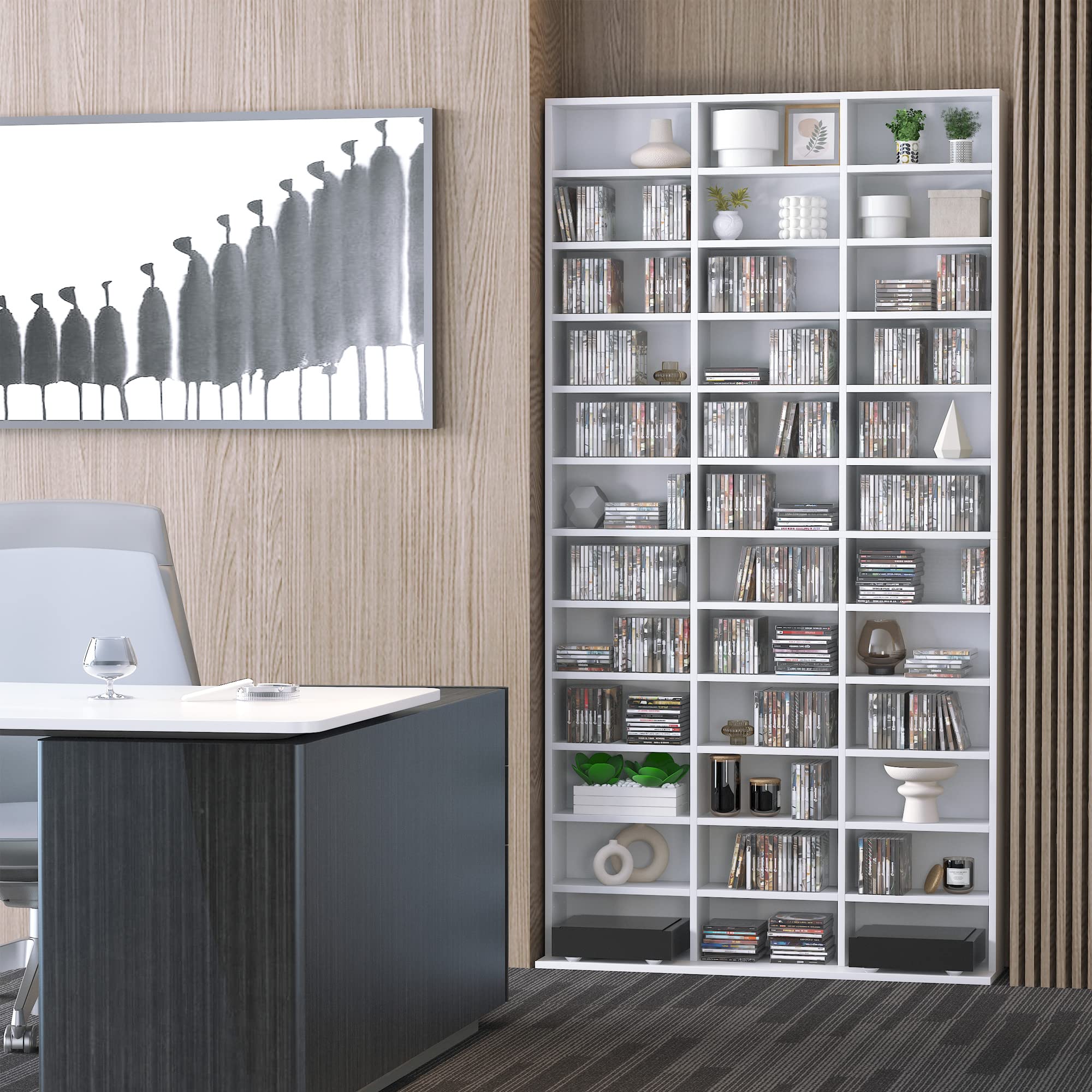 HOMCOM Rangements pour CD et DVD, étagère Rangement, capacité Max. 1116 CD/528 DVD, 36 Compartiments et étagères réglables, pour Bureau, Salon, Chambre, 102 x 23,5 x 195 cm, Blanc