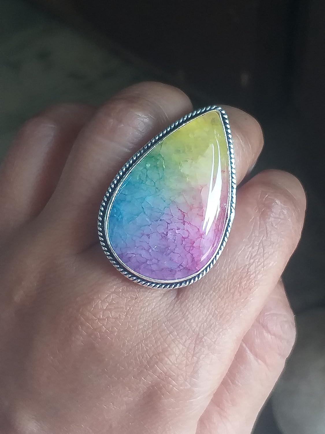 Pretty Dico Glass Ring, Pear Stone Ring| Handmade Ring| Split Band Ring| Boho Ring| Statement Ring| Cabochon Ring| Multi Gemstone Ring| Big Stone Ring| Trending Ring| Handmade Jewelry