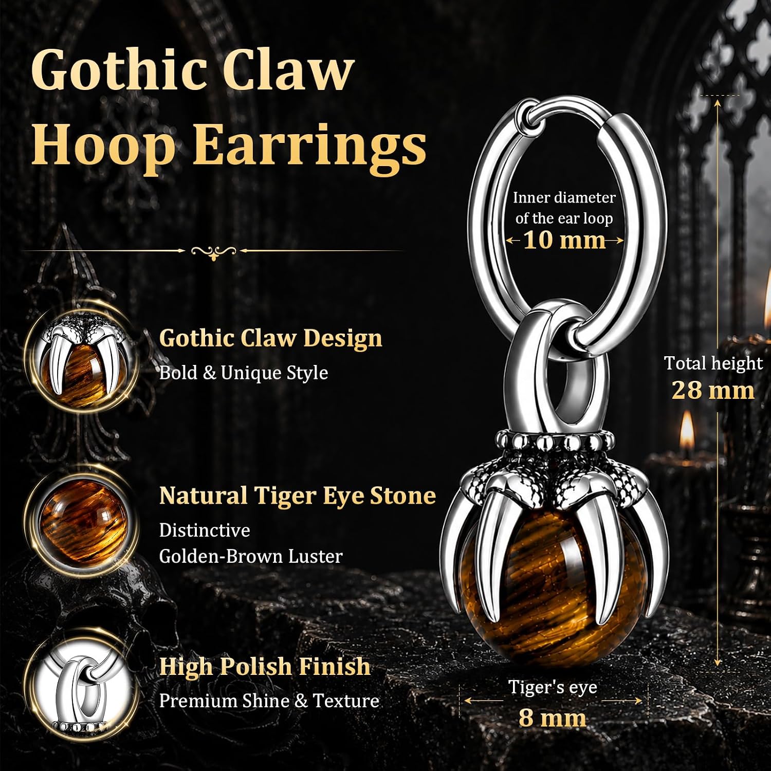 Unisex Stud Earrings for Men Women,White/Black Cubic Zirconia/Tiger Eye/Black Agate Natural Stone Stainless Steel Cool Punk Hip Pop Dangle Goth Earring Jewelry