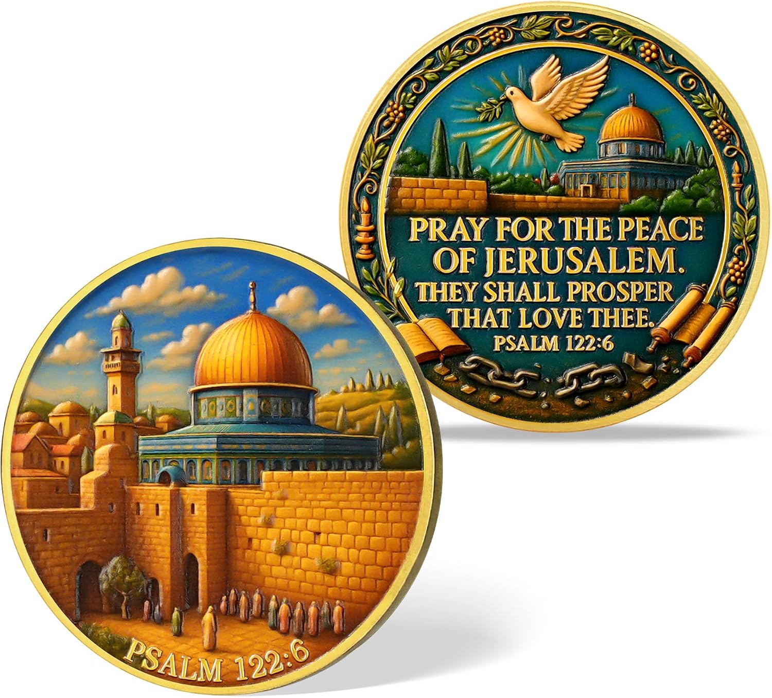 Jerusalem Peace Coin – Pray for The Peace of Jerusalem Psalm 122:6 Bible Verse | Dove Christian Faith Medallion & Token | Inspirational Keepsake Gift for Men & Women