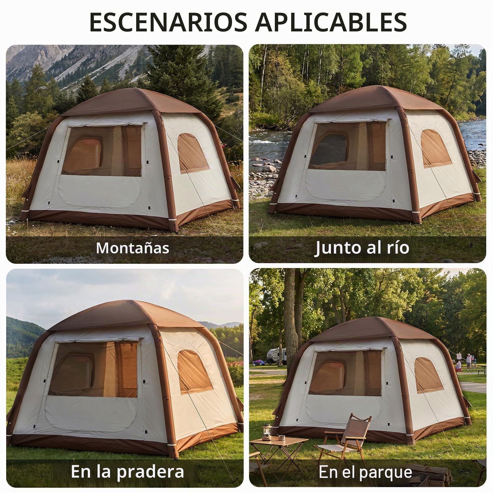 Tienda de campaña inflable, tiendas de campaña inflables para 2/4/6/8 personas para acampar, actualización 2025 Puerta con cremallera de fácil construcción Carpas inflables Casa grande con protección