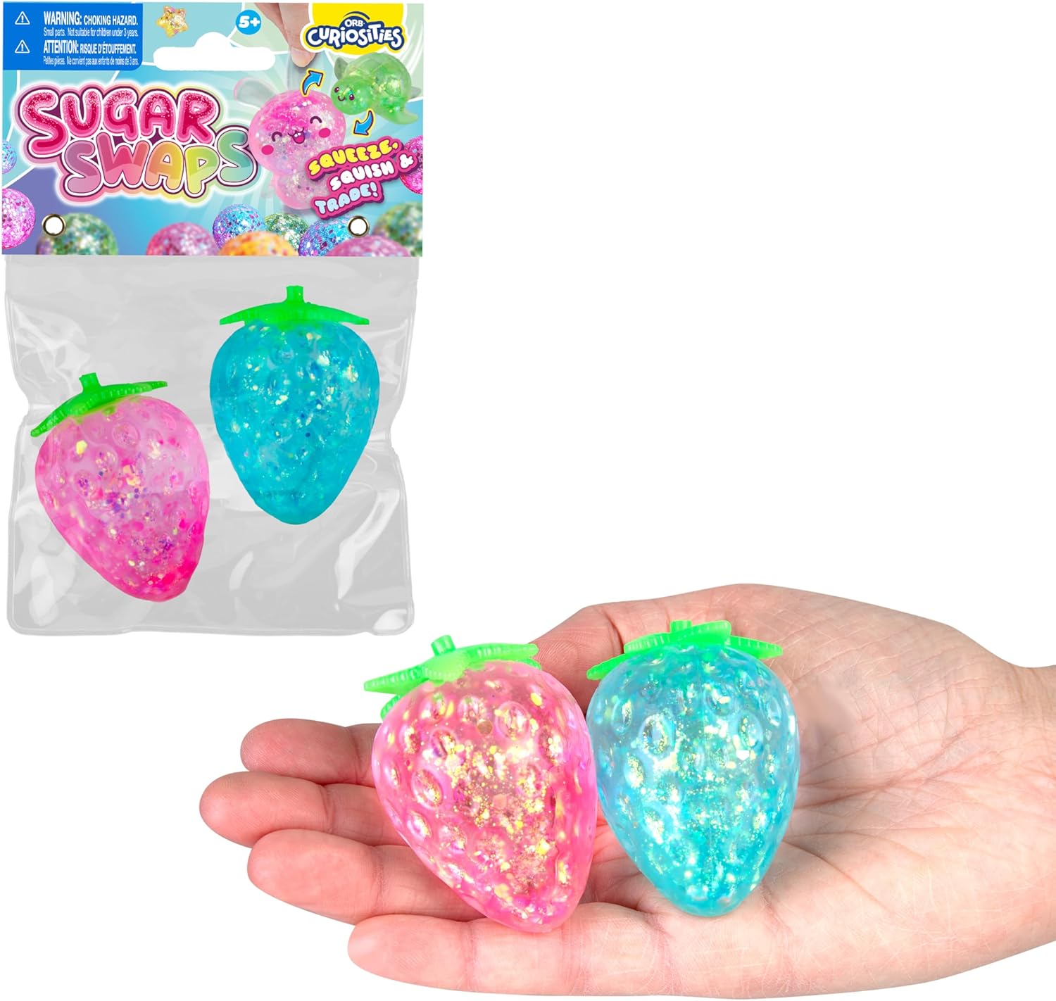ORB Curiosities Strawberries and Popsicles Sugar Swaps 2 Pack - 4 Sparkly Sugar Strawberry and Popsicle Squishy Toys to Squeeze, Collect, and Trade - Stress, Sensory, Fidget Toys for Kids and Adults