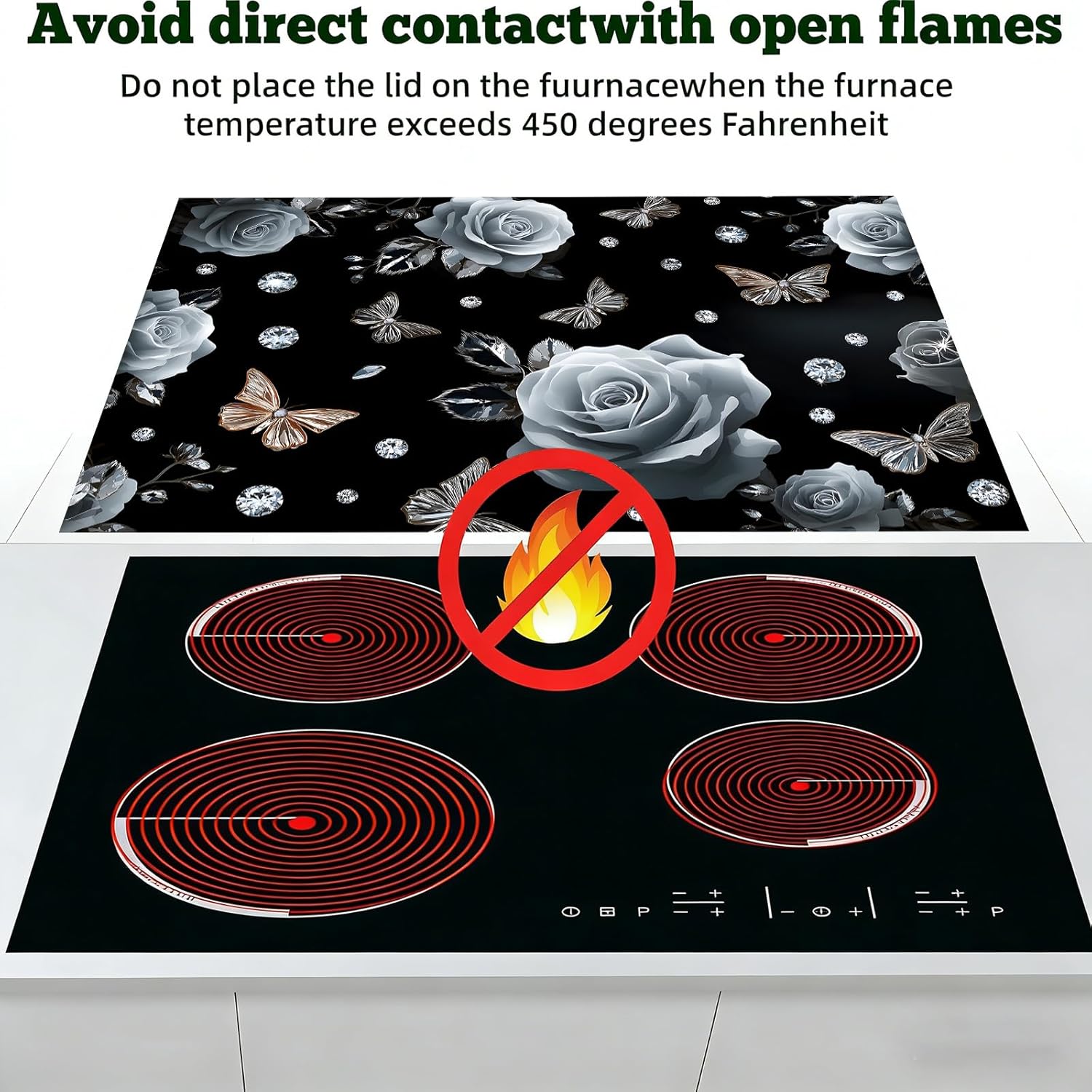 Black Rose & Gold Butterfly Stove Top Cover Mat, 28.5 x 20.5 in Cooktop Protector for Electric Glass Stove, Luxury Crystal Diamond Kitchen Decor, Helps Guard from Dust & Light Scratches