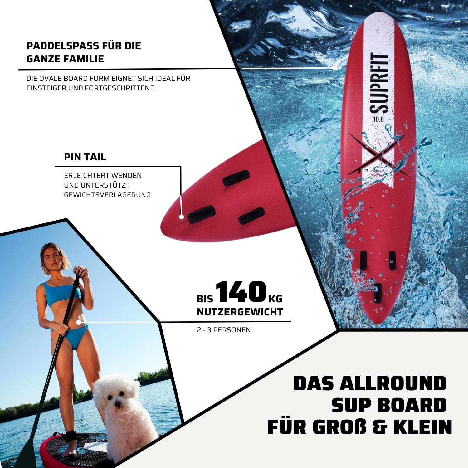 Suprfit Lailani czerwona deska SUP I Stand Up Paddle Board I kompletny zestaw: Deska do wiosłowania, torba transportowa, wiosło, pompka powietrza, przewód bezpieczeństwa, zestaw naprawczy I Solidna konstrukcja z podwójną warstwą