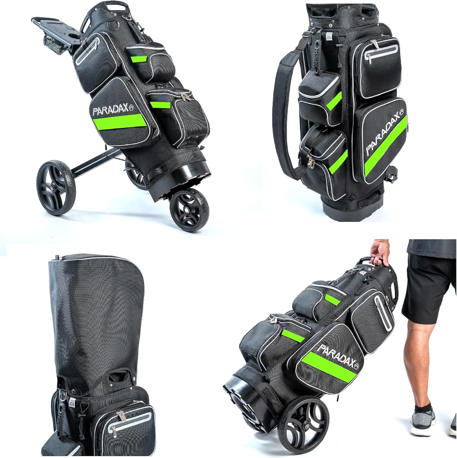 Paradax AI-1 All-in-One Golf Bag with Built-in 3-Wheel Push Cart Bundle | Includes Hood Cover and Bag Strap