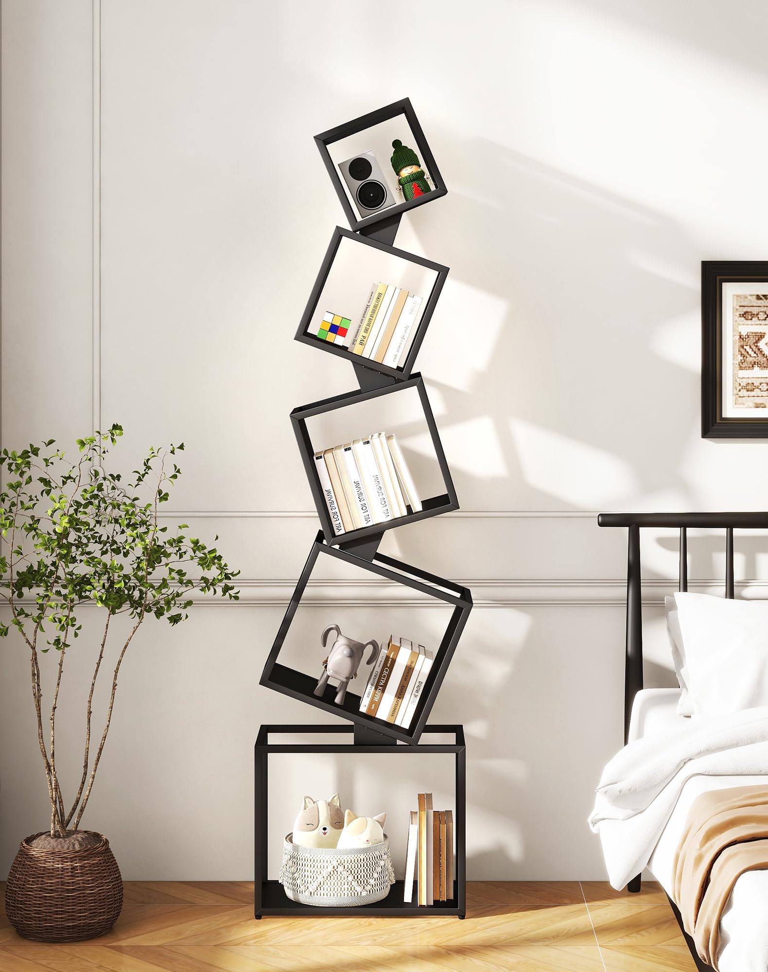 YMYNY Bibliothèque en Cube, Étagère Haute en Métal sur 5 Niveaux, 180 cm, Étagère Rangement, Meuble de Rangement Ouvert, Matte, Design Géométrique, pour Salon, Chambre, Bureau, Noir HBC007B