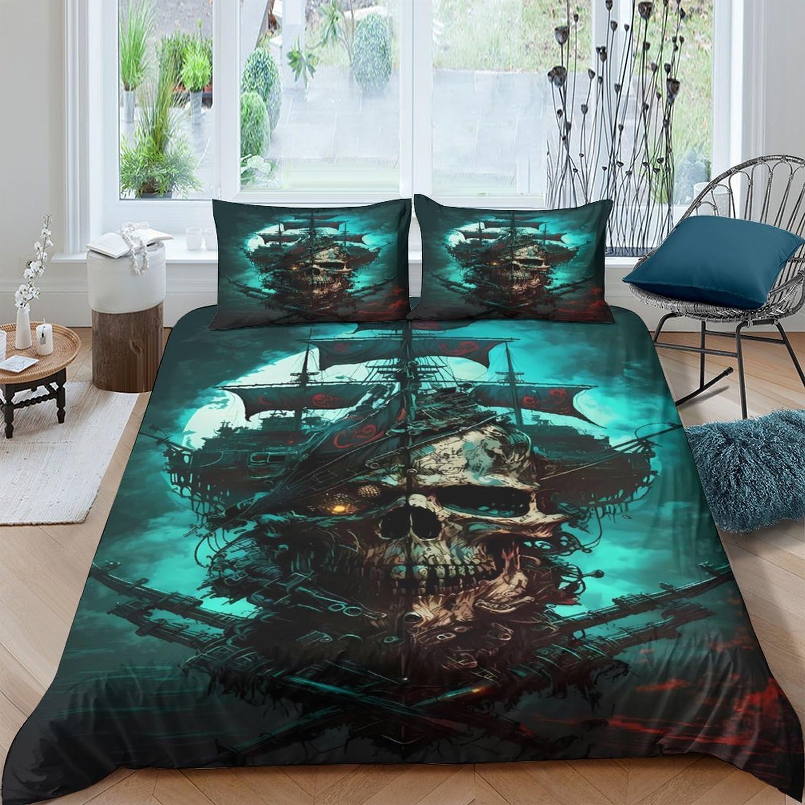 Ctjqhvkz Style-1 3D Printed Pirate Ship Skull Fitted Sheet Microfiber Bedroom Decor Ocean Mattress Cover For Home Guest Room Single（135X200cm）