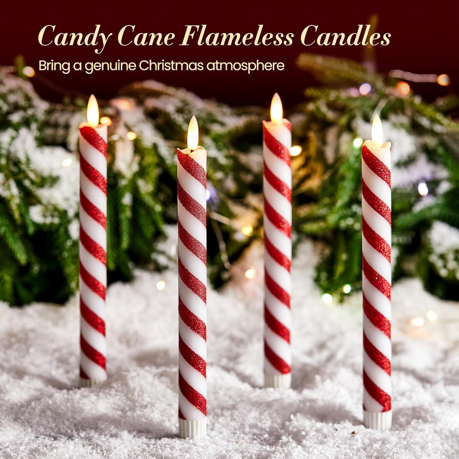 6 Pcs Christmas Flameless Taper Candles with Remote and Timer, 10 Inch Glitter Candy Cane Candles Battery Operated Christmas Candlesticks with LED Flickering Flame for Xmas Candy Cane Decor
