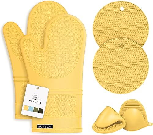 Miniatura 7 de Rorecay Juego de manoplas de horno extralargas y soportes para ollas manoplas de horno de silicona resistentes al calor con mini guantes de horno,