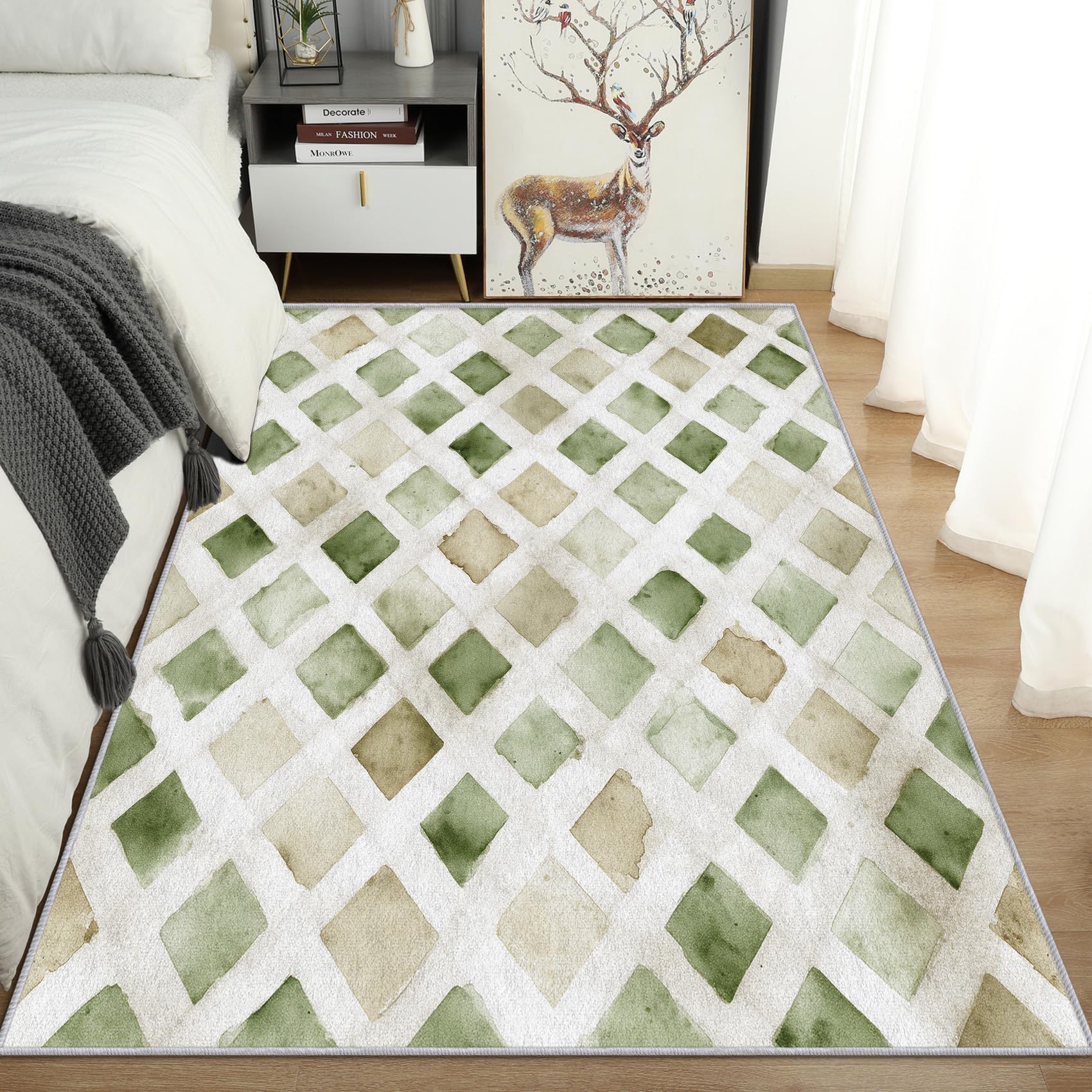 Tapis de Salon Lavable à Motif géométrique Losanges, 120 x 180 cm, Vert Sauge et Beige Motif à Carreaux Aquarelle antidérapant Tapispour Chambre, Salle à Manger ou Bureau.