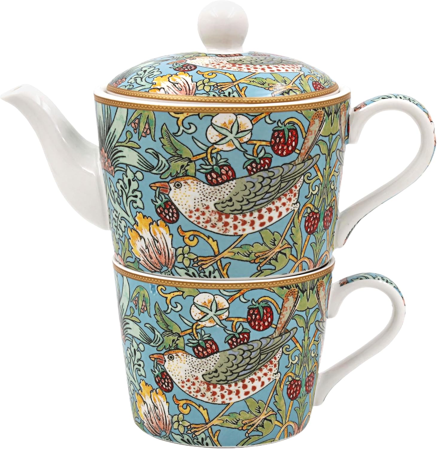 The Leonardo Collection William Morris Strawberry Thief Tea for One 250ml Cup and 400ml Pot for Home & Kitchen | Lovely Tea Pot Gift for Women & Men | Stylish Fine China Teapot Cup Set for Daily Use