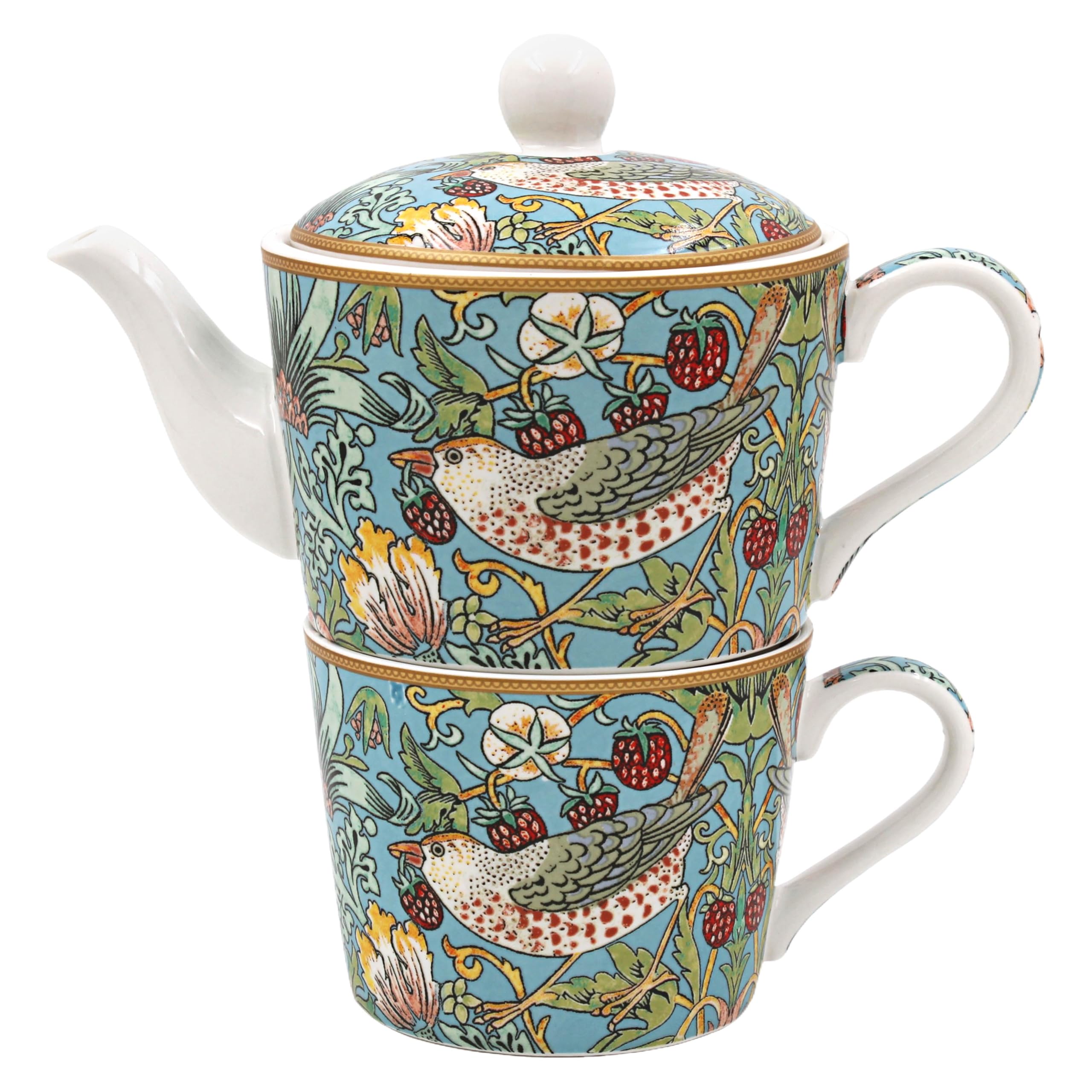 The Leonardo Collection William Morris Strawberry Thief Tea for One 250ml Cup and 400ml Pot for Home & Kitchen | Lovely Tea Pot Gift for Women & Men | Stylish Fine China Teapot Cup Set for Daily Use