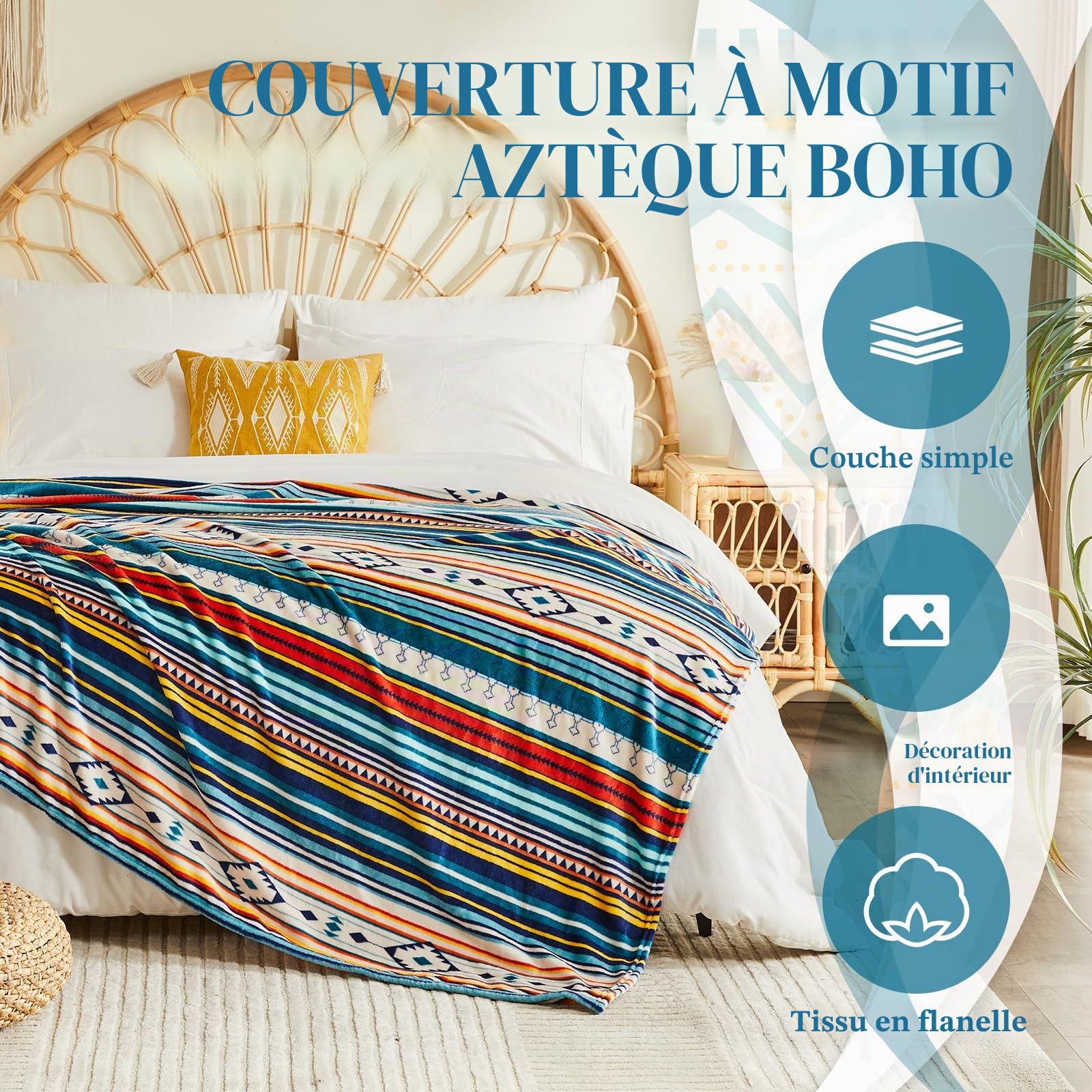 Qucover Plaid Canape Ultra Douce 230x270cm, Plaid en Flanelle Confortable pour Lit, Canapé et Chaise,Couverture Polaire Décorative Bohème Aztèque Ultra Douce et Légère pour Toutes Les Saisons