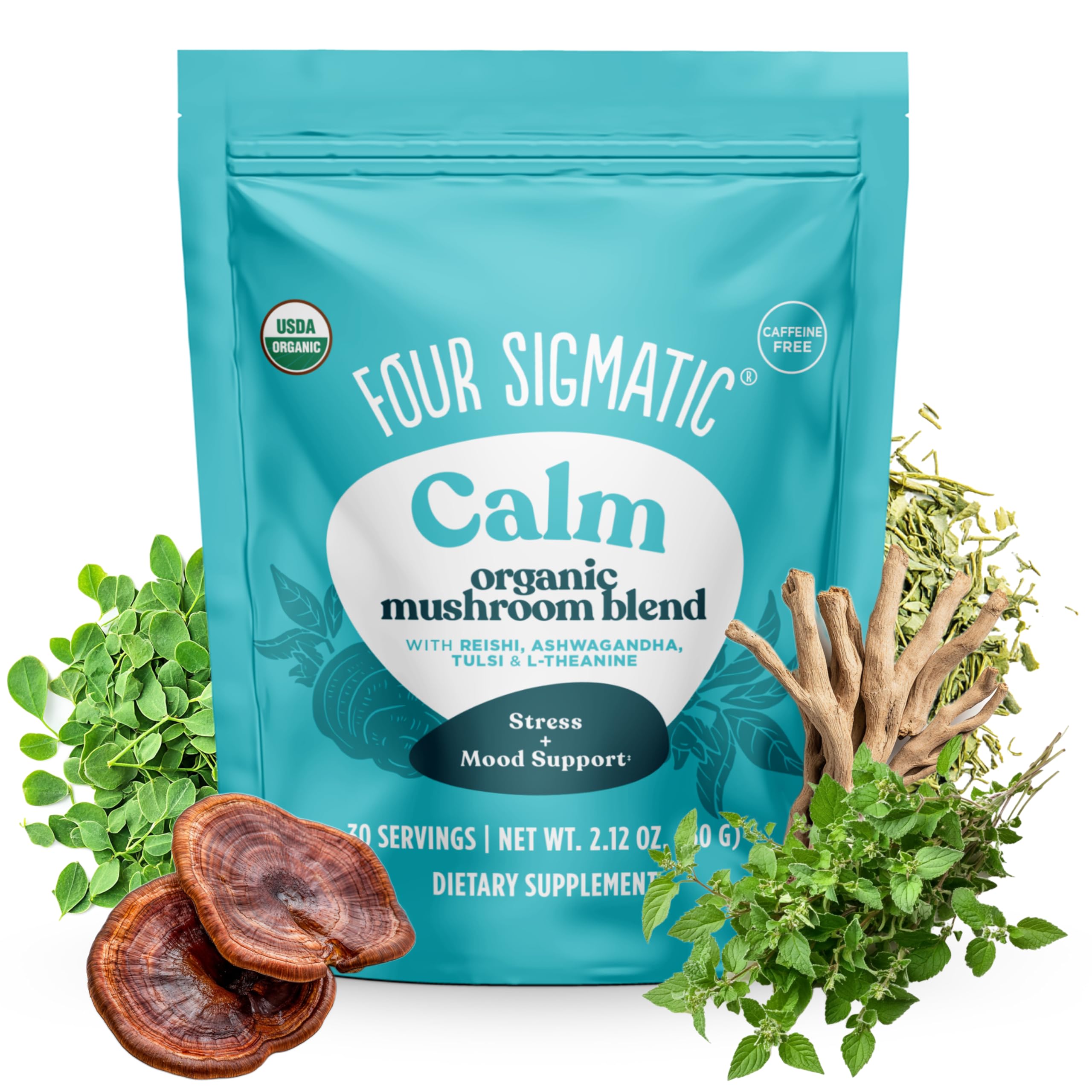 Four Sigmatic Calm Mushroom Blend | Adaptogen Supplement with Ashwagandha, Reishi, Tulsi, Cordyceps, Chaga, Rose Hips, and More | Natural Stress Relief and Immune Support Supplement | 30 Servings