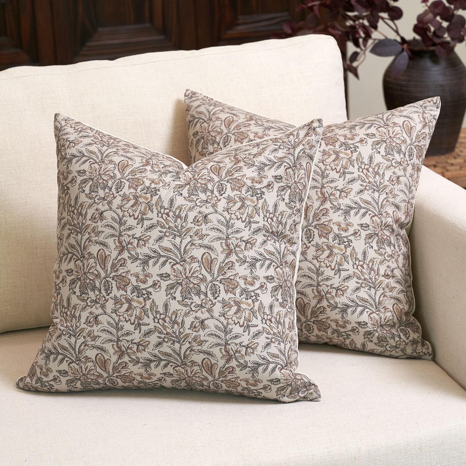 Vintage Block Print Floral Throw Pillow Covers