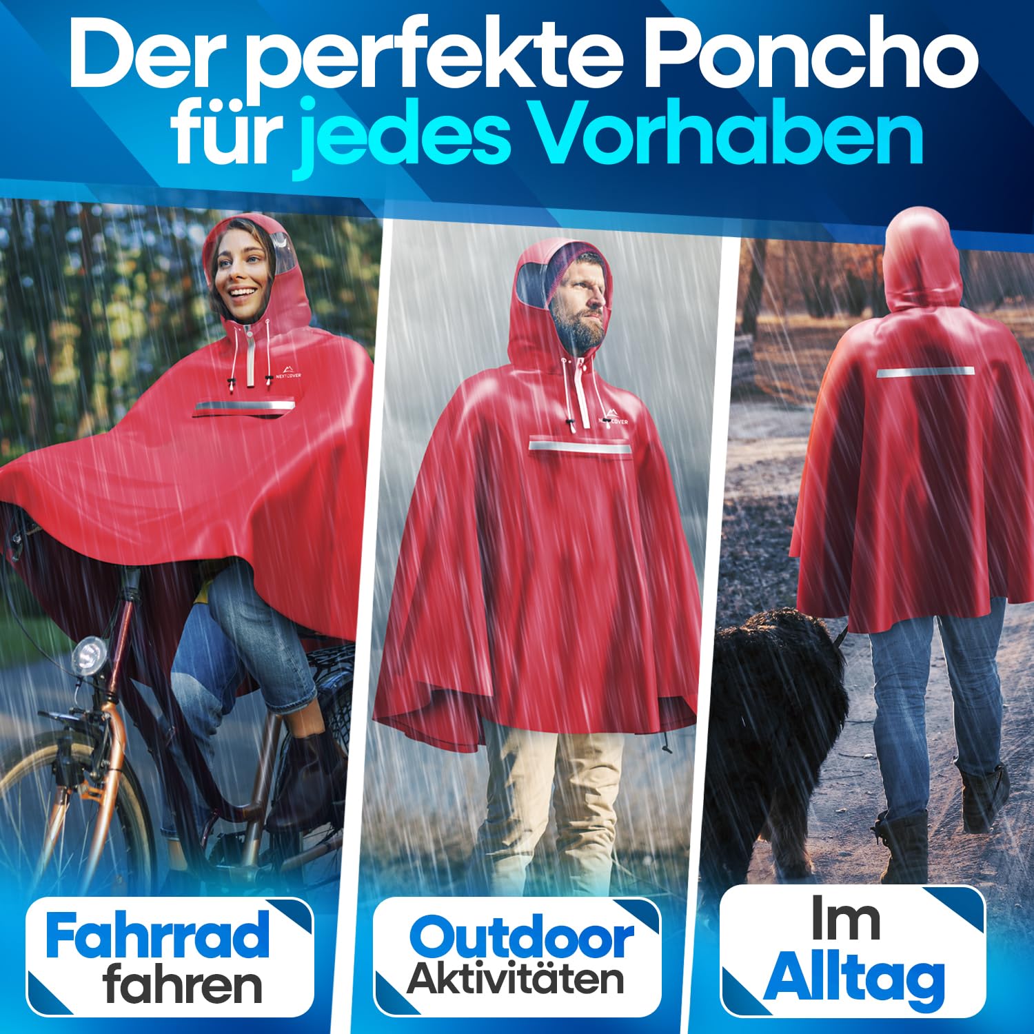 NEXTCOVER Poncho de pluie de vélo pour homme et femme – Avec technologie [AquaShield 2.0] I Poncho de pluie, cape de pluie de vélo, poncho de pluie, poncho de pluie pour homme, cape de pluie pour