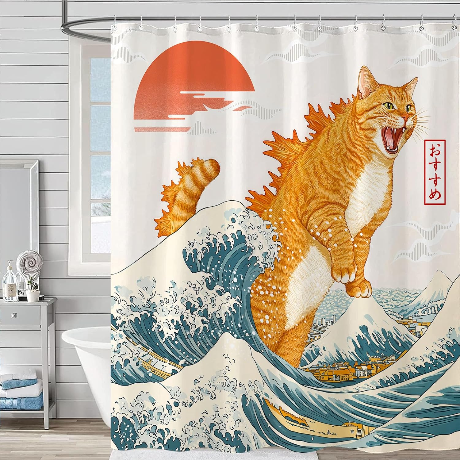 Artistic Cat Shower Curtain Set Iconic Wave Design Waterproof Bathroom Shower Curtain Japanese Art Style Print Bold Home Decor 72x72 Inch