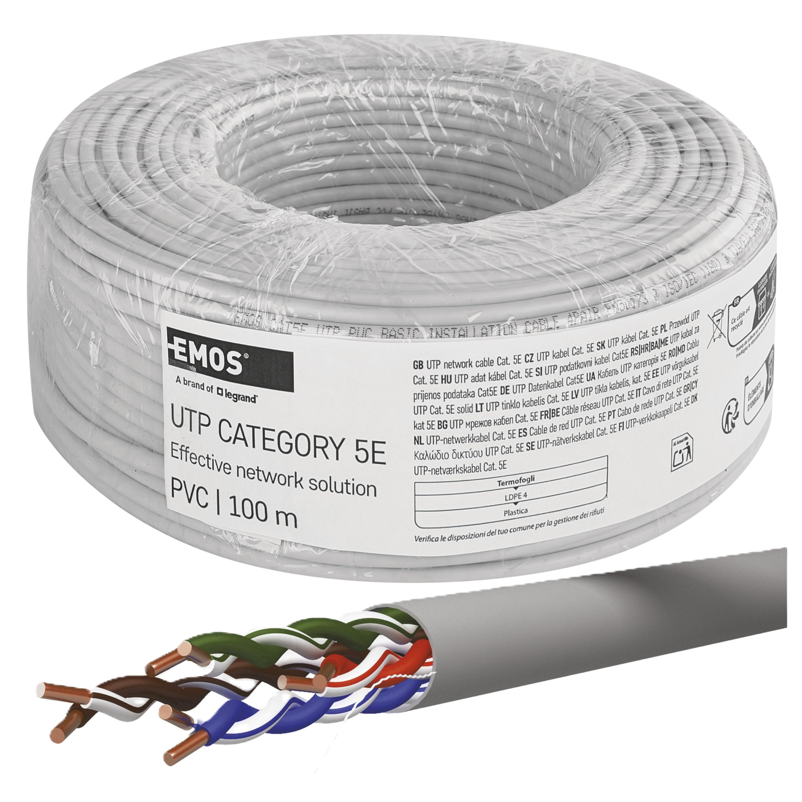 EMOS - Cavo di rete UTP CAT 5e, 100 m, PVC - Cavo patch UTP CAT5e - Filo Cu- Cavo LAN Gigabit - Cavo Ethernet non schermato - per interni