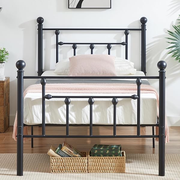 VECELO Queen Size Metal Platform Bed Frame with Headboard,No Box Spring Needed/Mattress Fundation/Victorian Vintage Styl