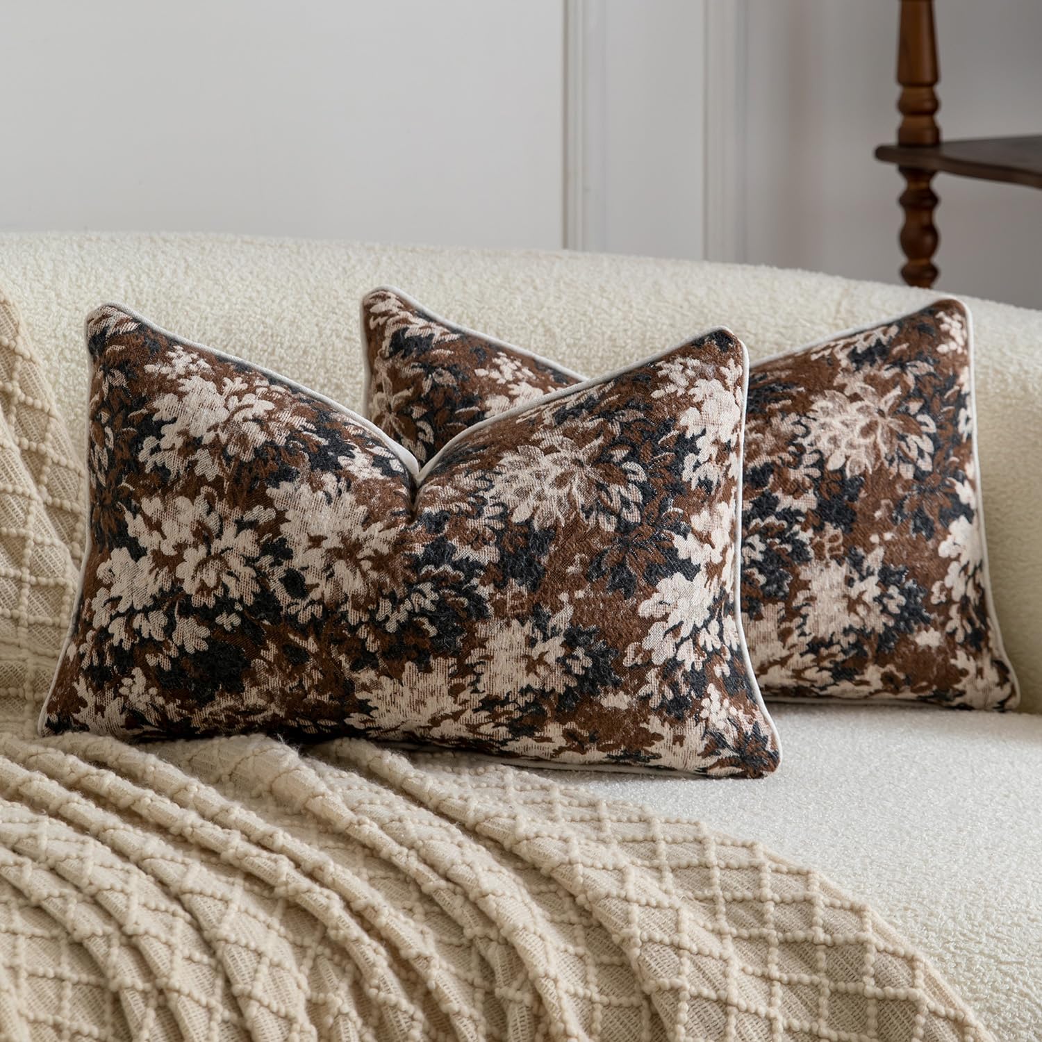 Madizz Pack of 2 Decorative Cushion Covers 30x50 cm Charcoal Cocoa Vintage Floral Throw Pillows Soft Solid Jacquard Pillow Covers for Couch Sofa Bedroom Living Room