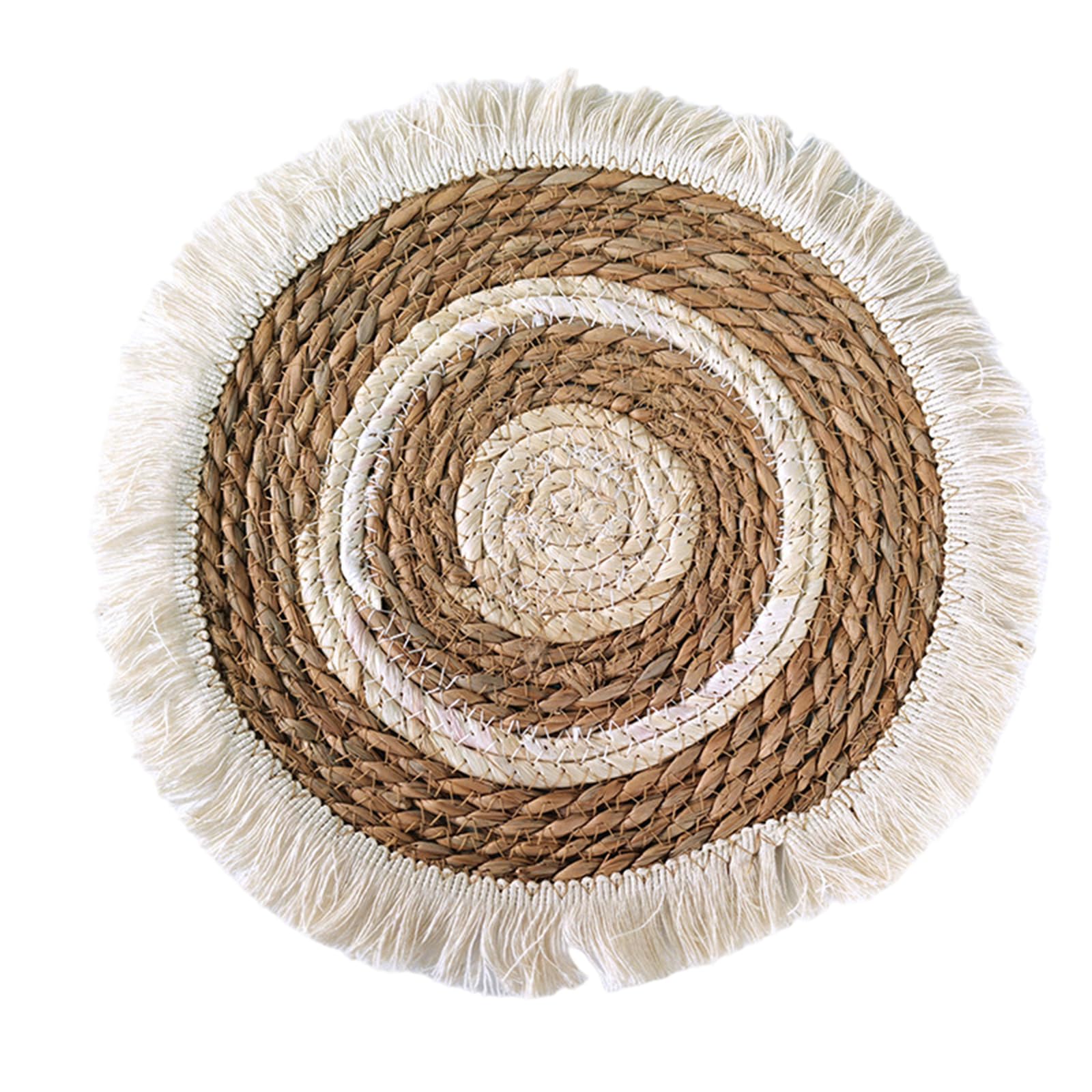 LiRRvb Simple Natural Grass Weave Accent Decors Delicate Rattan Tassels Flower Tray Wall Decorations for Bedroom Round Weaving Ornament for Bedroom