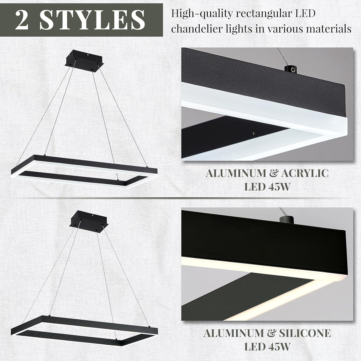 Modern LED Chandeliers, Black Rectangular Linear Chandelier for Dining Room Kitchen Island Office Dimmable Remote Control Ceiling Hanging Lighting Fixtures (23.6 x 11.8 Inches) image 2