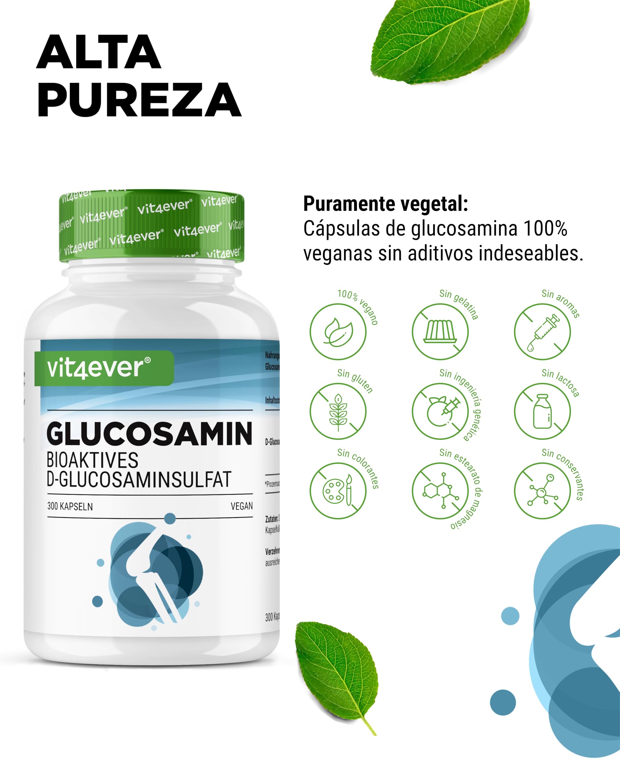 Glucosamina 900mg - 300 cápsulas - sulfato de D-glucosamina bioactivo de fermentación - sin aditivos indeseables - alta dosis - vegano