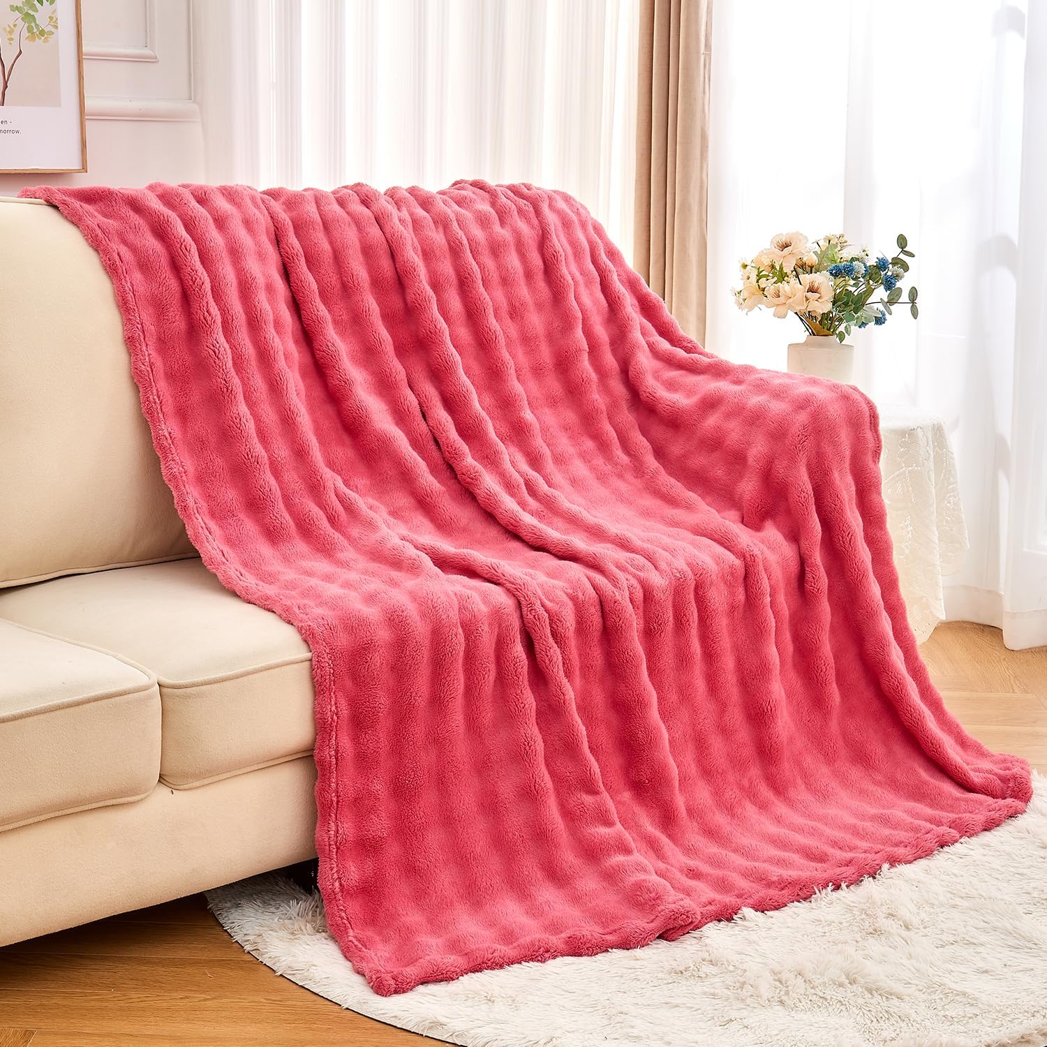 Wajade Soft Fleece Throw Blanket for Couch, 90x90 Inches 3D Bubble Decorative Cozy Fuzzy Flannel Blanket, Lightweight Warm Blanket for Bed Office, Coral Pink