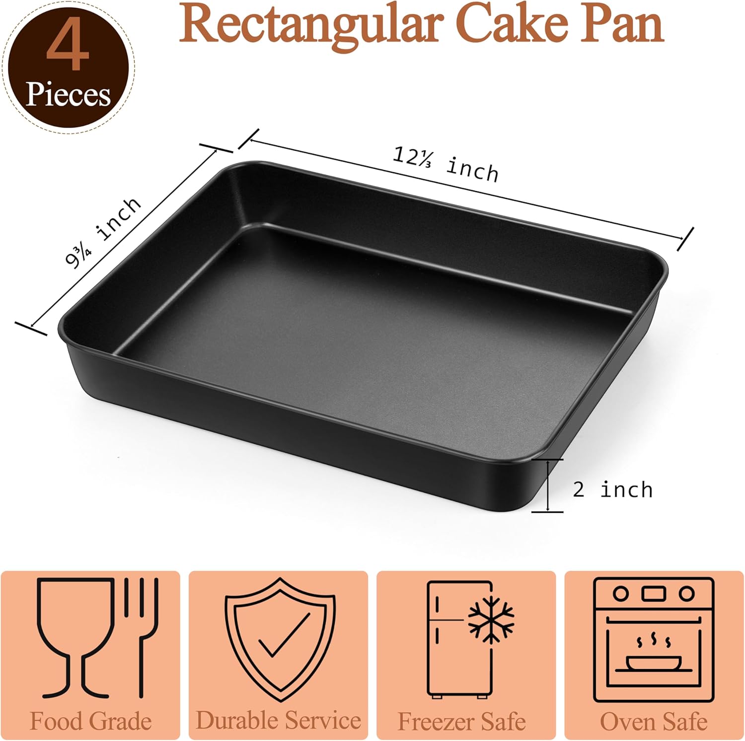 LIANYU 12⅓ x 9¾ x 2 Inch Non-stick Baking Pan Set of 4, Rectangle Cake Lasagna Brownies Casseroles Pan, Bakeware for Cooking Roasting Toaster Oven, Stainless Steel Core & Easy Release