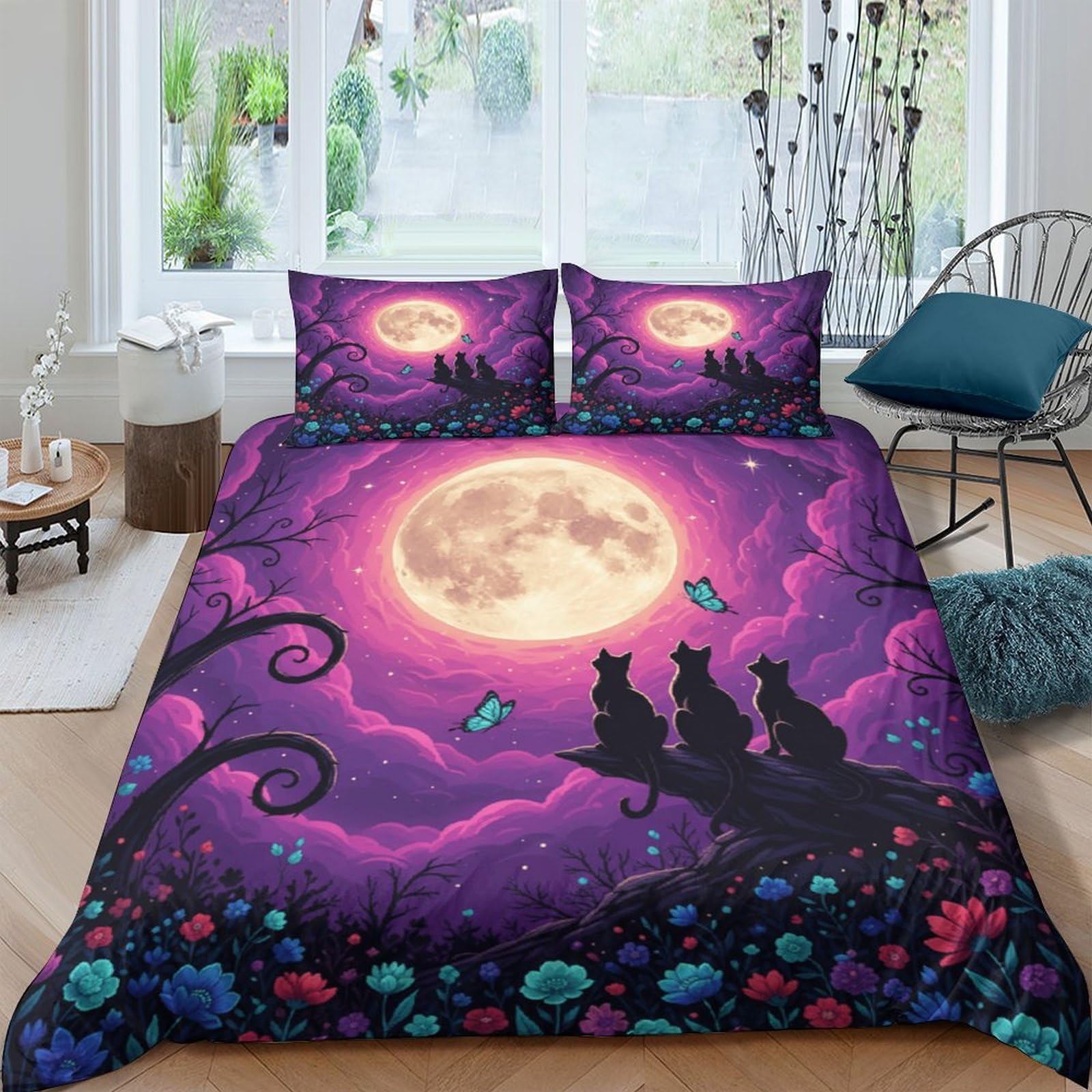 Ctjqhvkz Style-5 3D Printed Moon Night Fitted Sheet Microfiber Soft Purple Cat Silhouette Mattress Cover For Bedroom Decor Single（135X200cm）